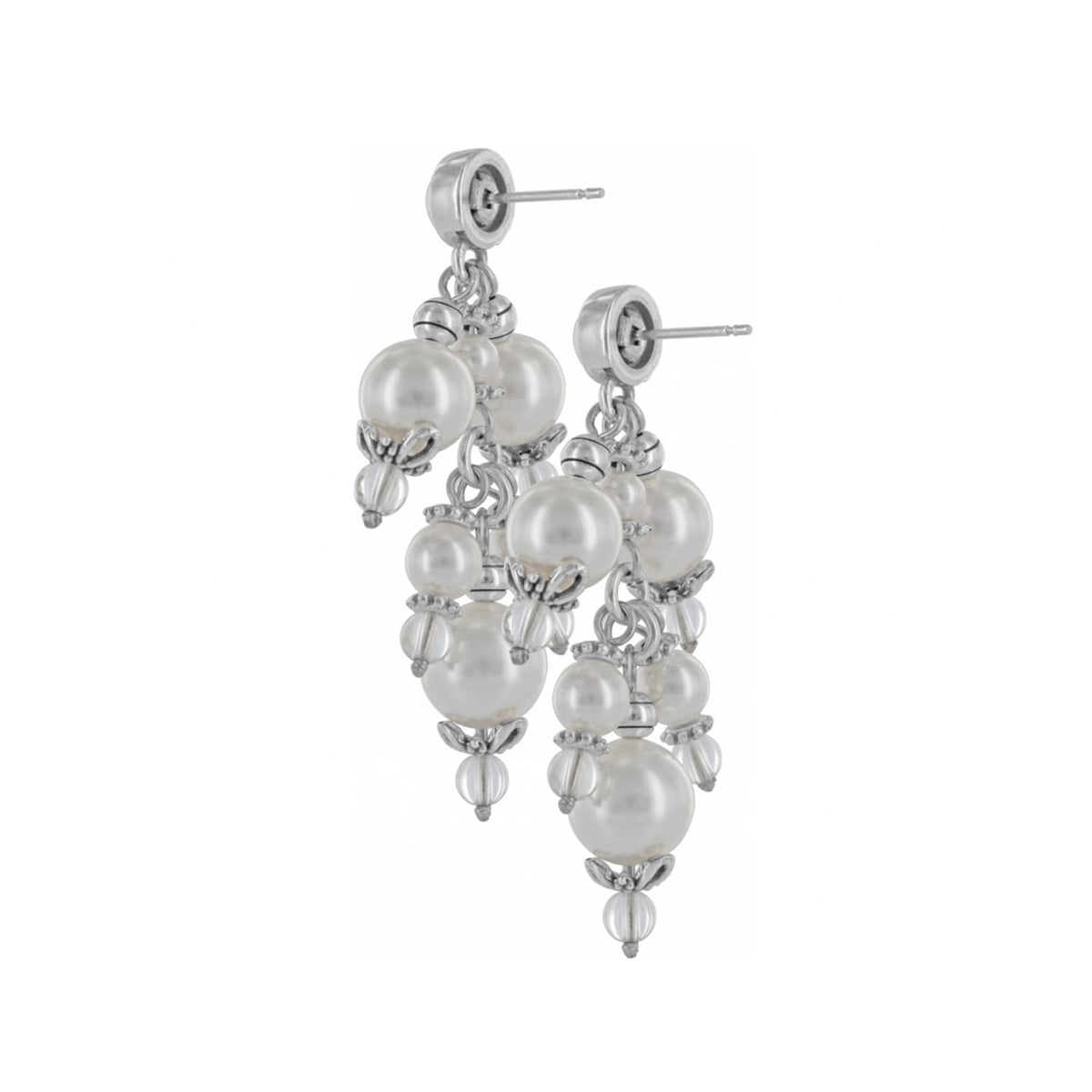 Brighton drop earrings with clustered glass pearls and silver-plated bead caps on a white background