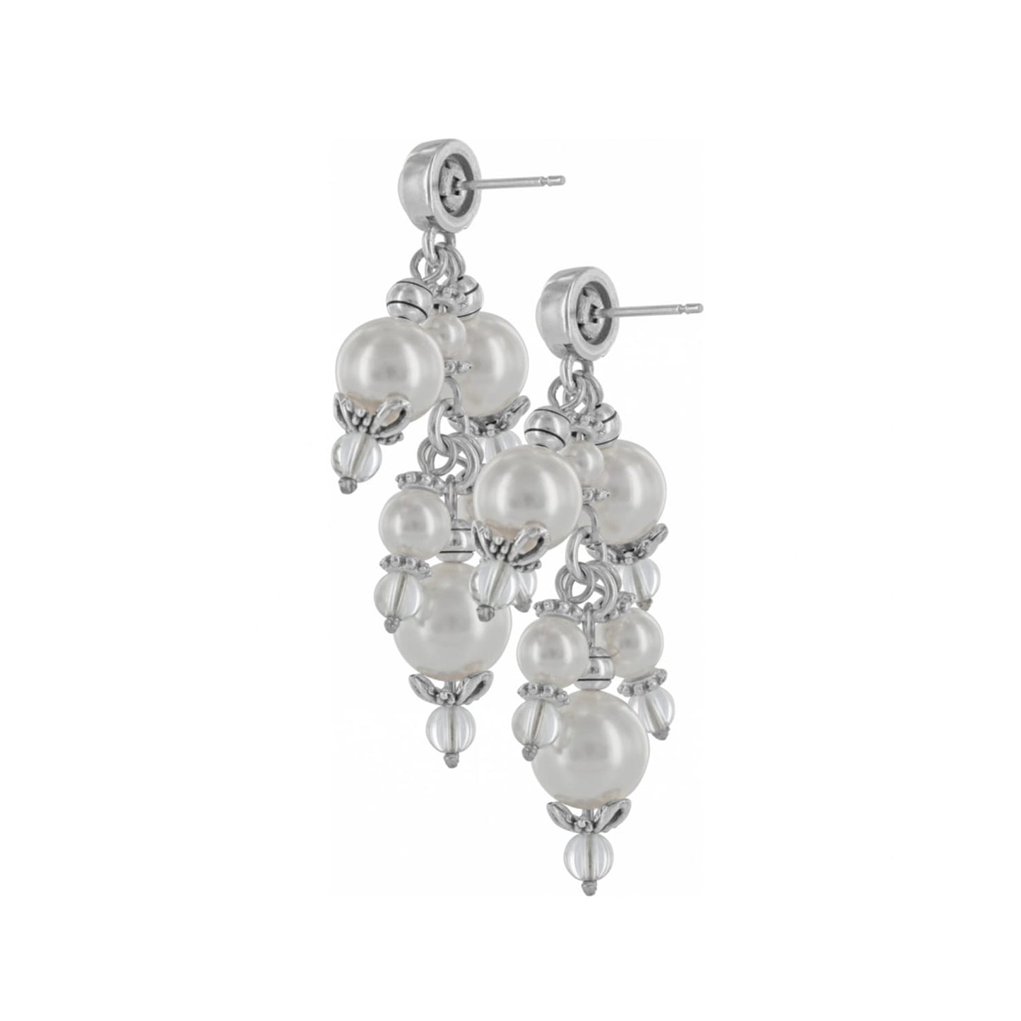 Brighton drop earrings with clustered glass pearls and silver-plated bead caps on a white background