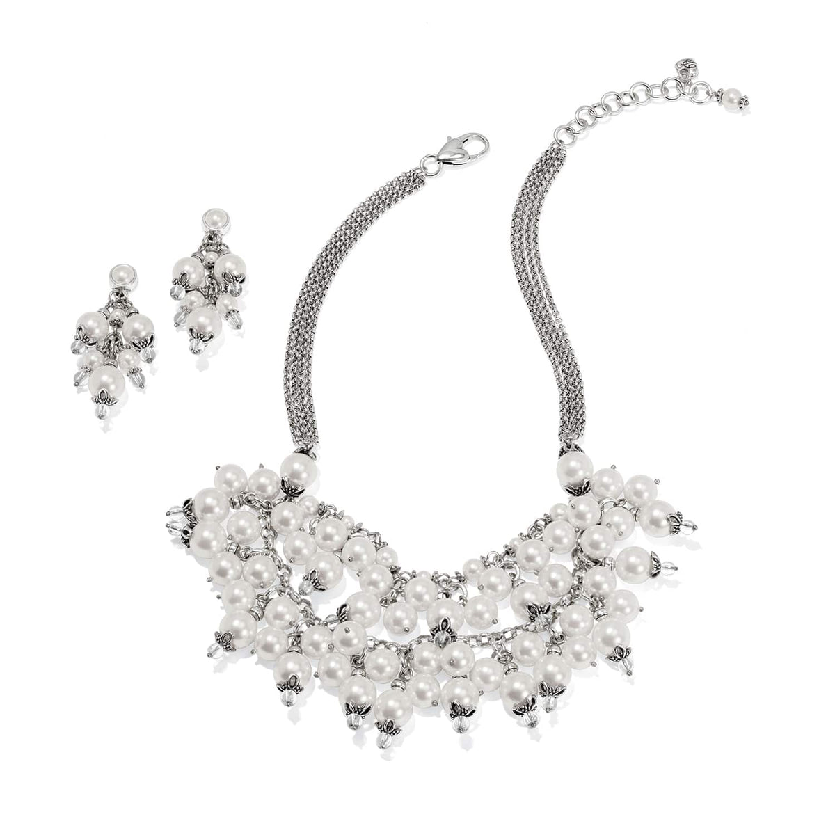 Brighton silver-plated necklace and drop earrings set with clustered glass pearl beads on a white background