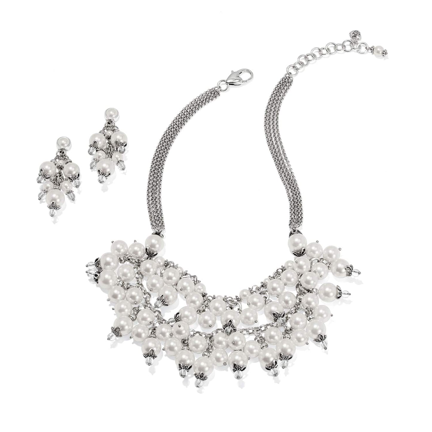 Brighton silver-plated necklace and drop earrings set with clustered glass pearl beads on a white background