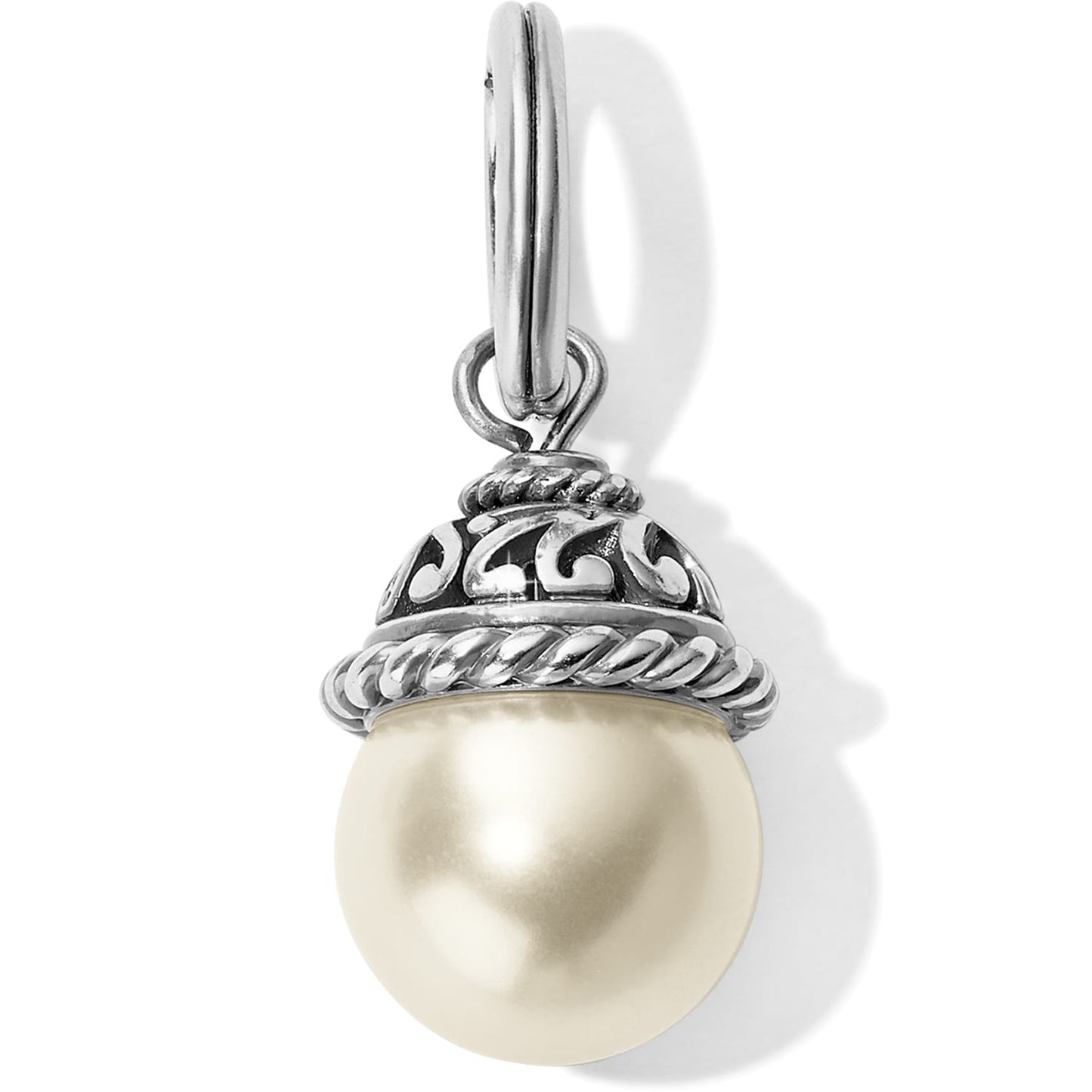 Brighton pearl charm with silver-tone scrollwork cap and rope detail on a hinged ring on a white background