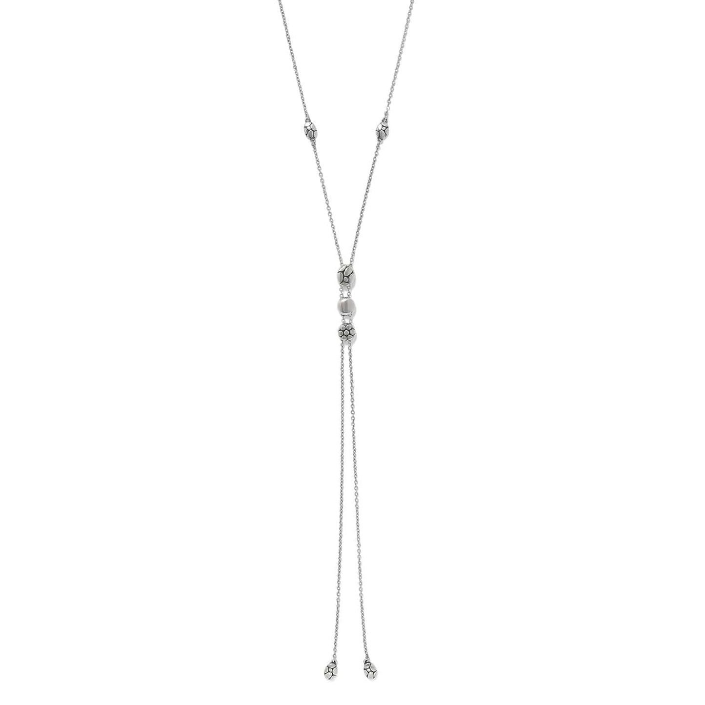 Brighton lariat necklace with silver-plated pebbled beads and dual chain drop ends on a white background