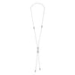 Brighton lariat necklace with silver-plated patterned beads and double drop chain ends on a white background