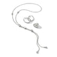Brighton silver-plated jewelry set styled with lariat necklace, hoop earrings, and dome ring on a white background