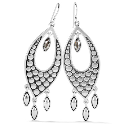 Brighton drop earrings with silver-plated dotted marquise shapes, crystal accents, and dangling teardrop charms on a white background