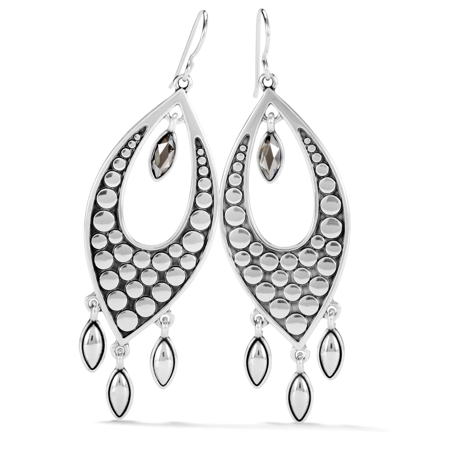 Brighton drop earrings with silver-plated dotted marquise shapes, crystal accents, and dangling teardrop charms on a white background