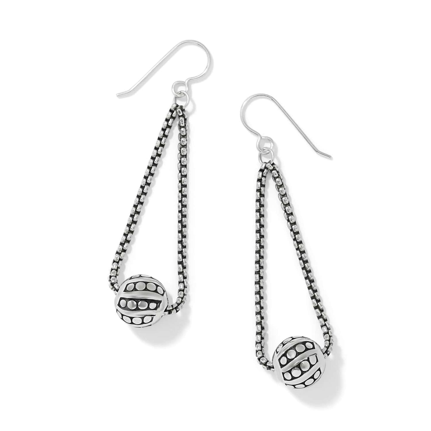 Brighton drop earrings with silver-plated chain loops and dotted textured beads on a white background