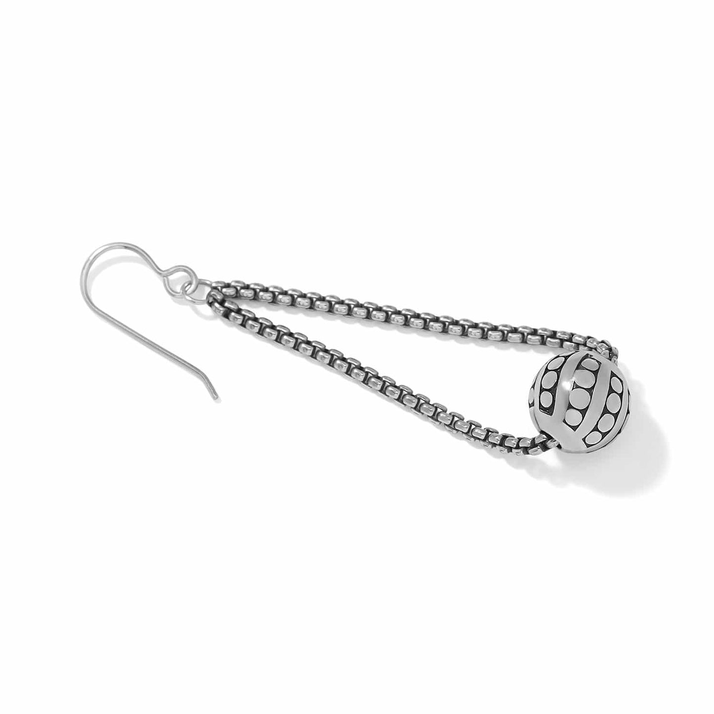 Brighton drop earring with silver-plated box chain loop and dotted beaded ball accent on a white background