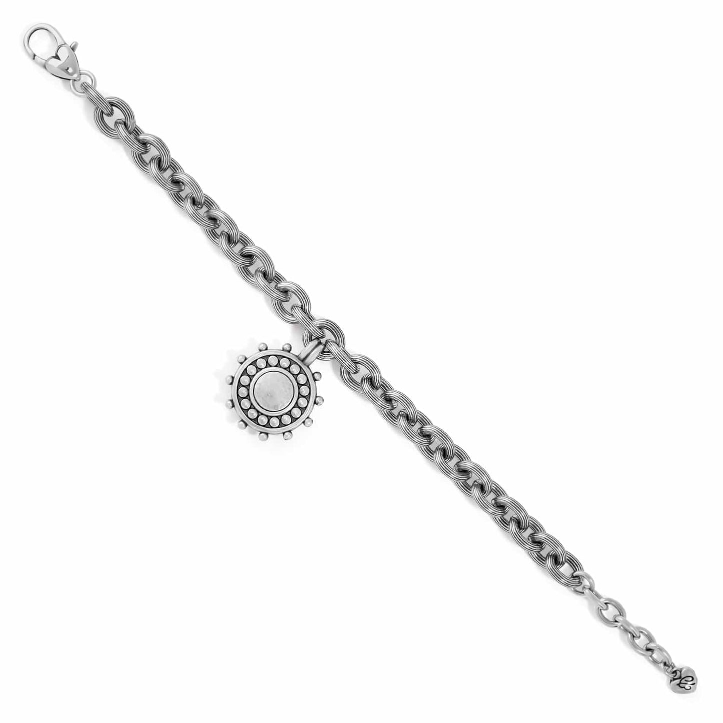 Brighton charm bracelet with silver-plated cable chain and round beaded medallion charm on a white background