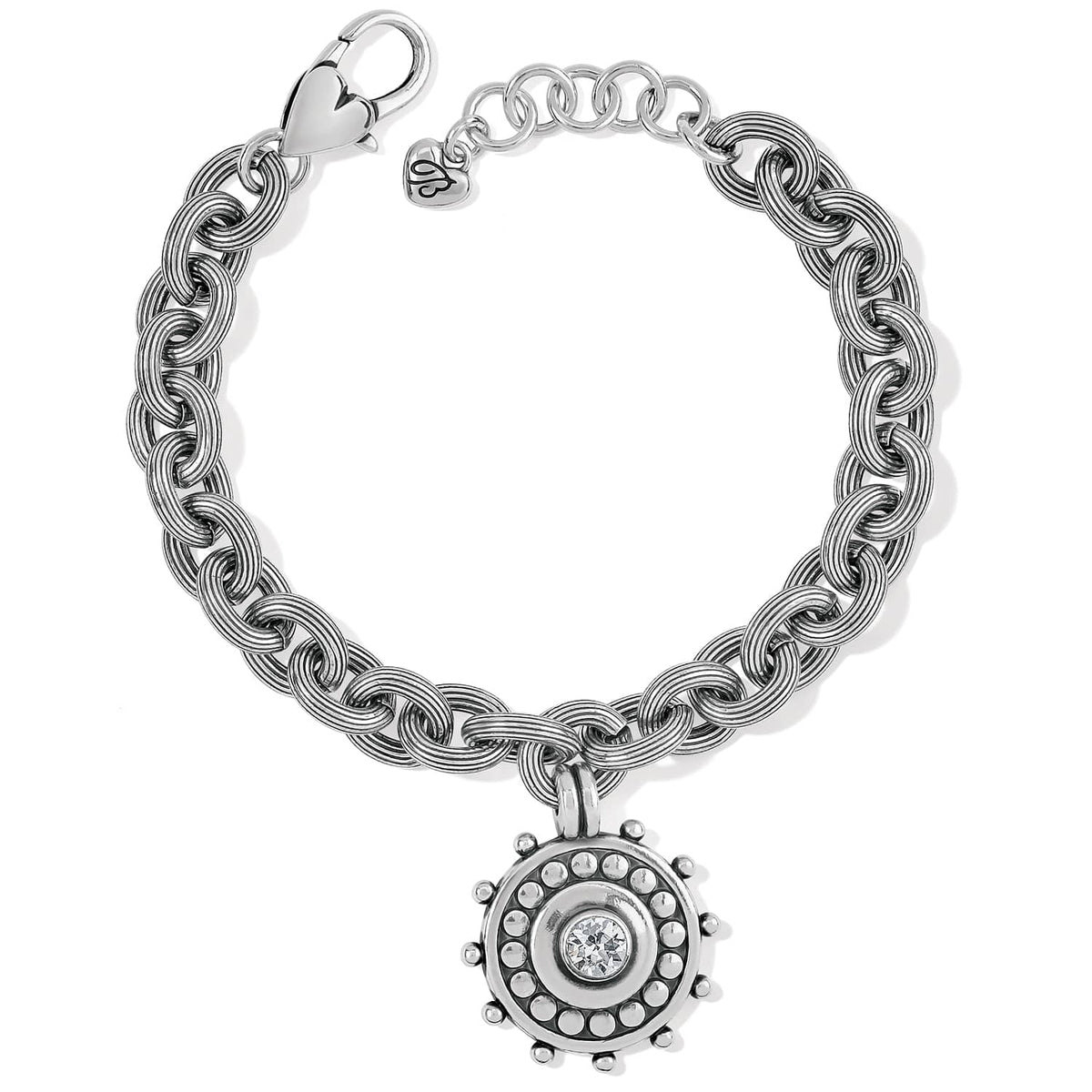Brighton charm bracelet with chunky silver-plated chain links and round studded medallion charm with crystal center on a white background