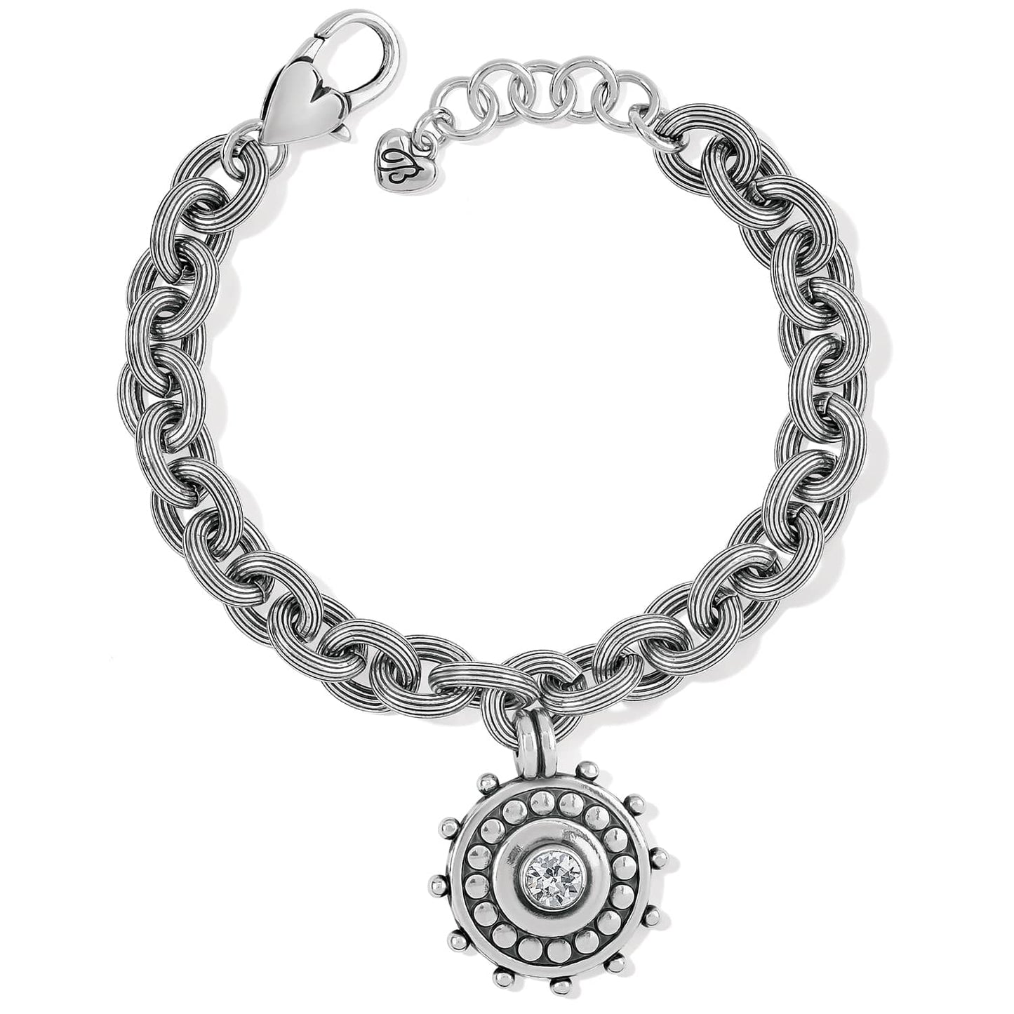 Brighton charm bracelet with chunky silver-plated chain links and round studded medallion charm with crystal center on a white background