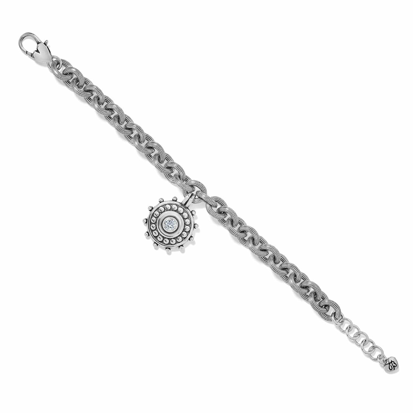 Brighton charm bracelet with silver-plated cable chain and beaded medallion charm featuring a crystal center on a white background