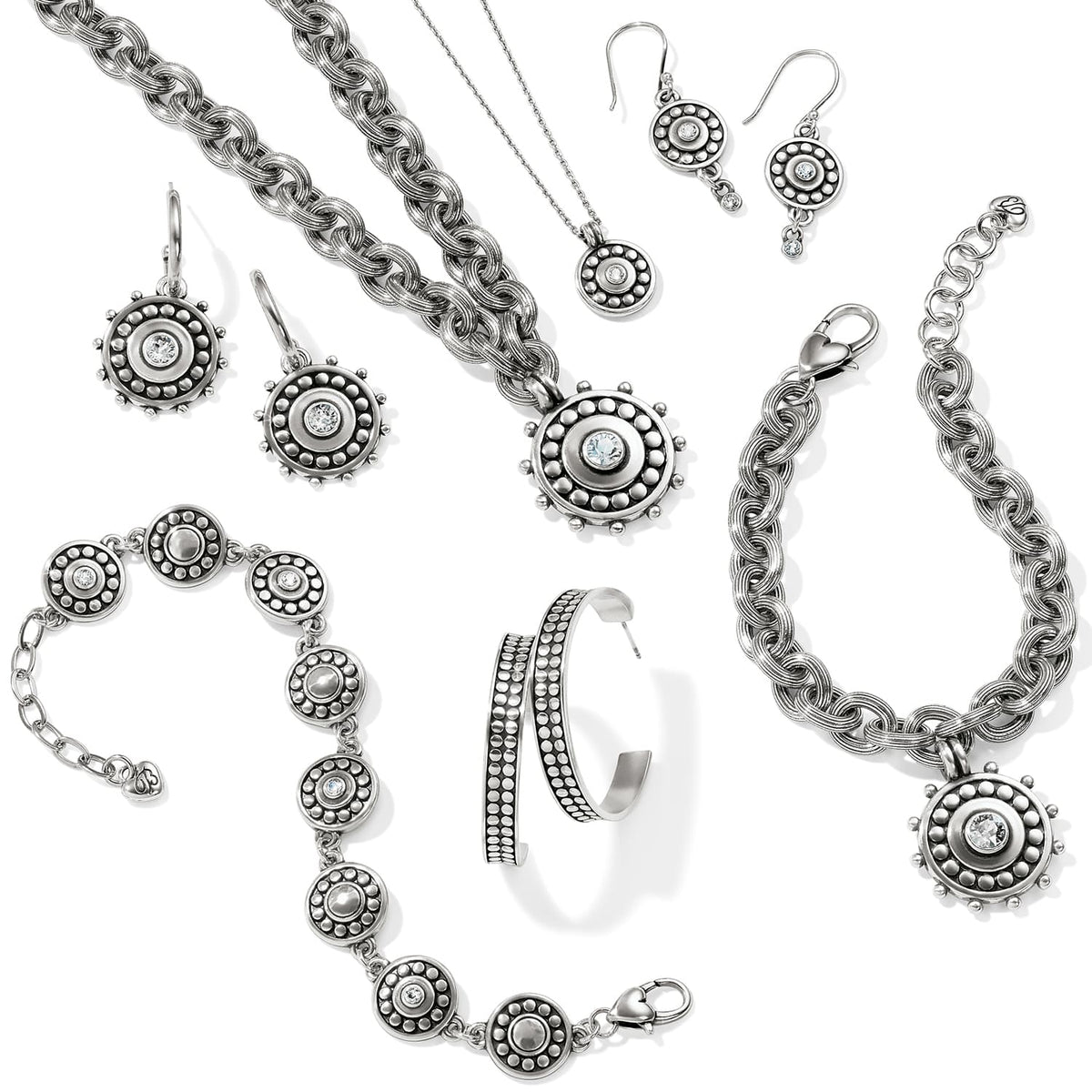 Brighton silver-plated jewelry set styled with chain bracelets and beaded medallion pendants featuring crystal accents on white background