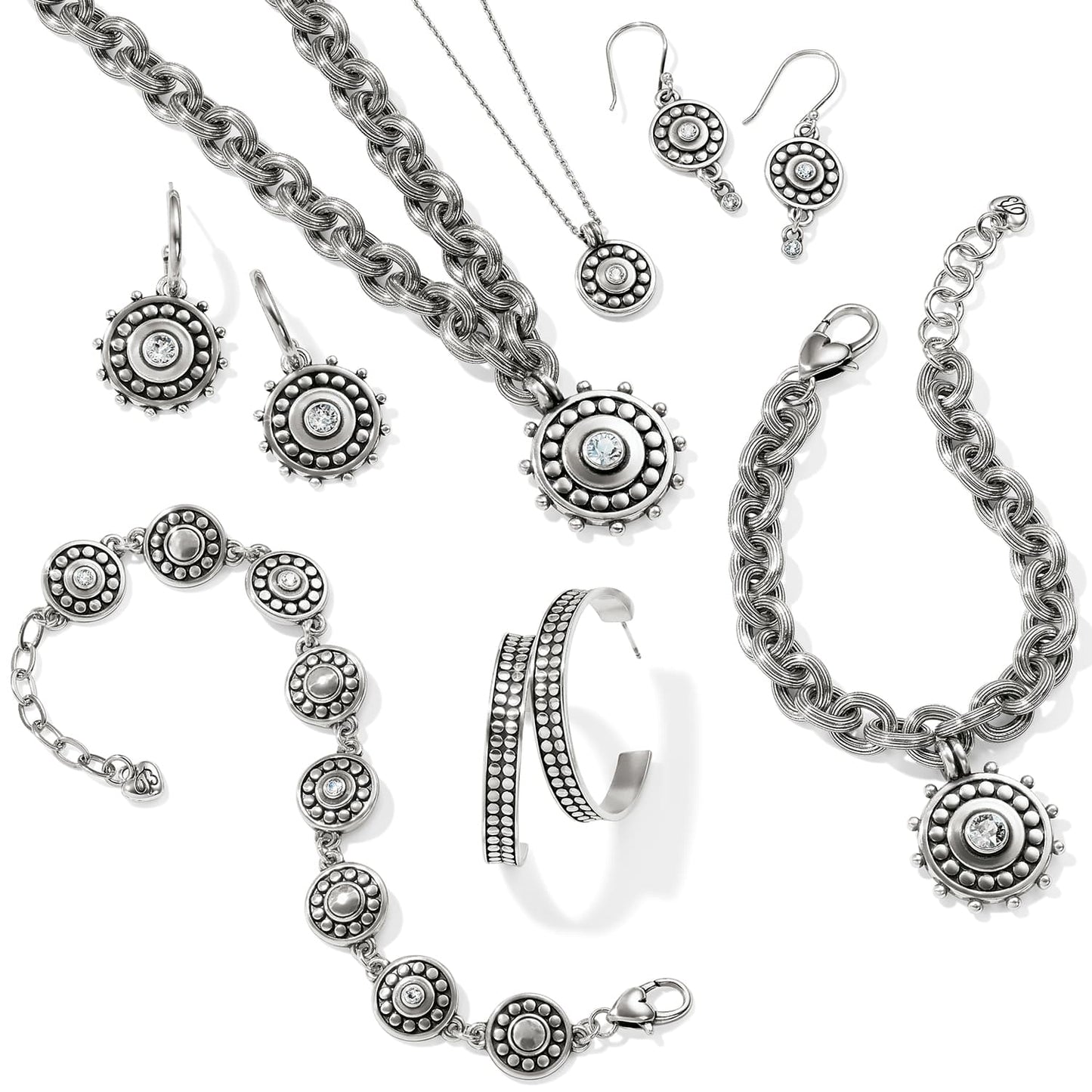Brighton silver-plated jewelry set styled with chain bracelets and beaded medallion pendants featuring crystal accents on white background