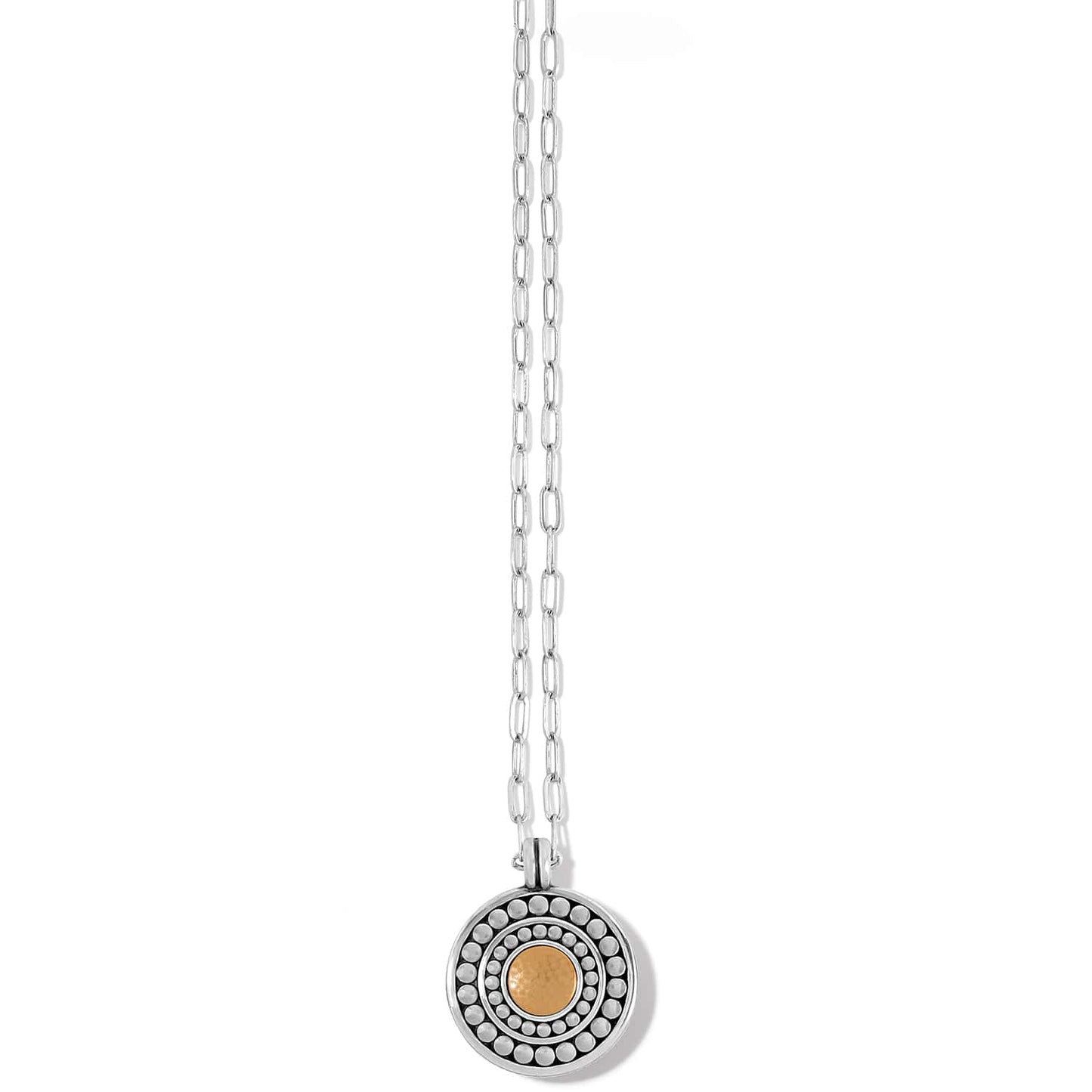 Brighton pendant necklace with silver-plated concentric dot circles surrounding a hammered gold-tone center on a white background