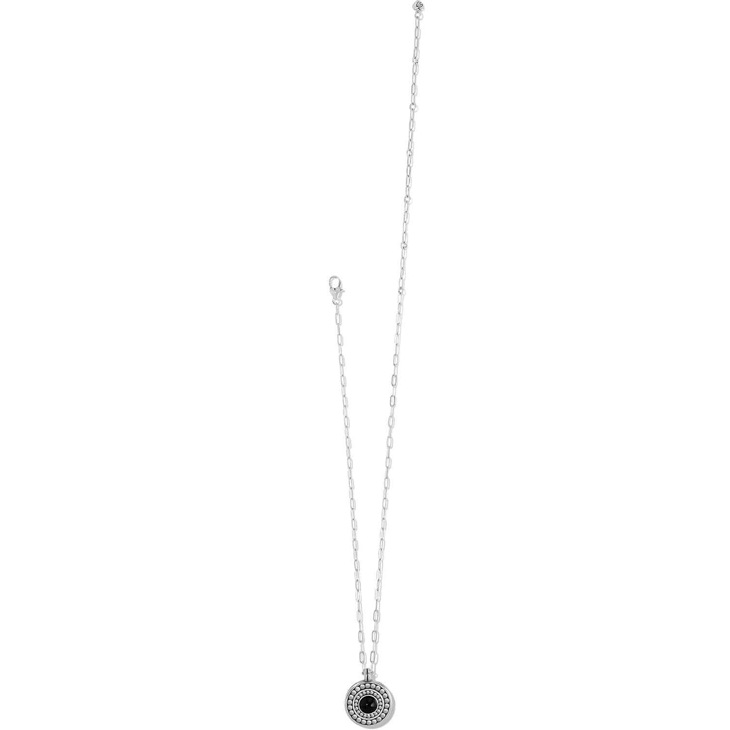 Brighton pendant necklace with silver-plated beaded circle disc, black center stone, and paperclip chain on a white background
