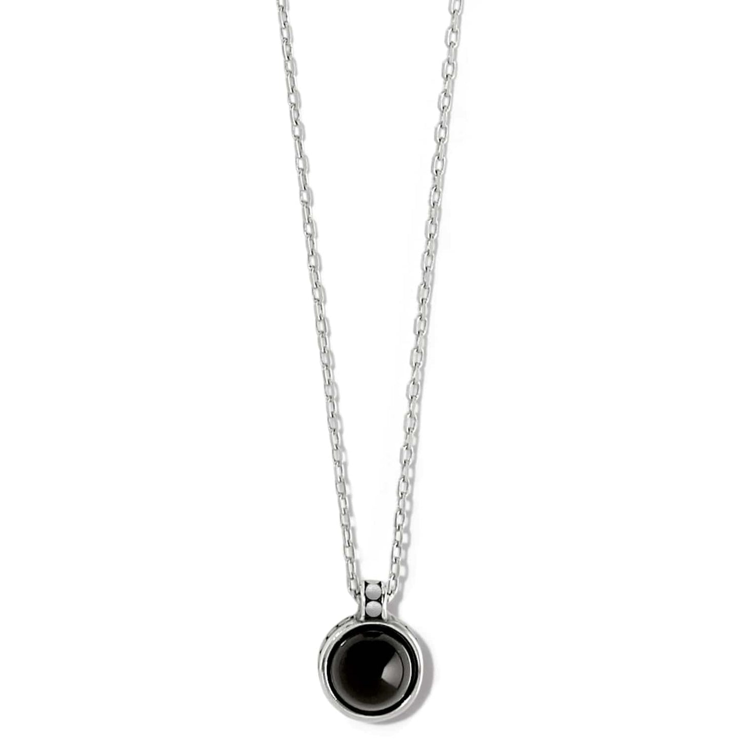 Brighton pendant necklace with round black stone, silver-plated bezel, and delicate cable chain on a white background