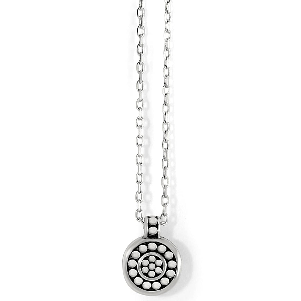 Brighton pendant necklace with silver-plated circular medallion featuring beaded dot pattern and cable chain on a white background