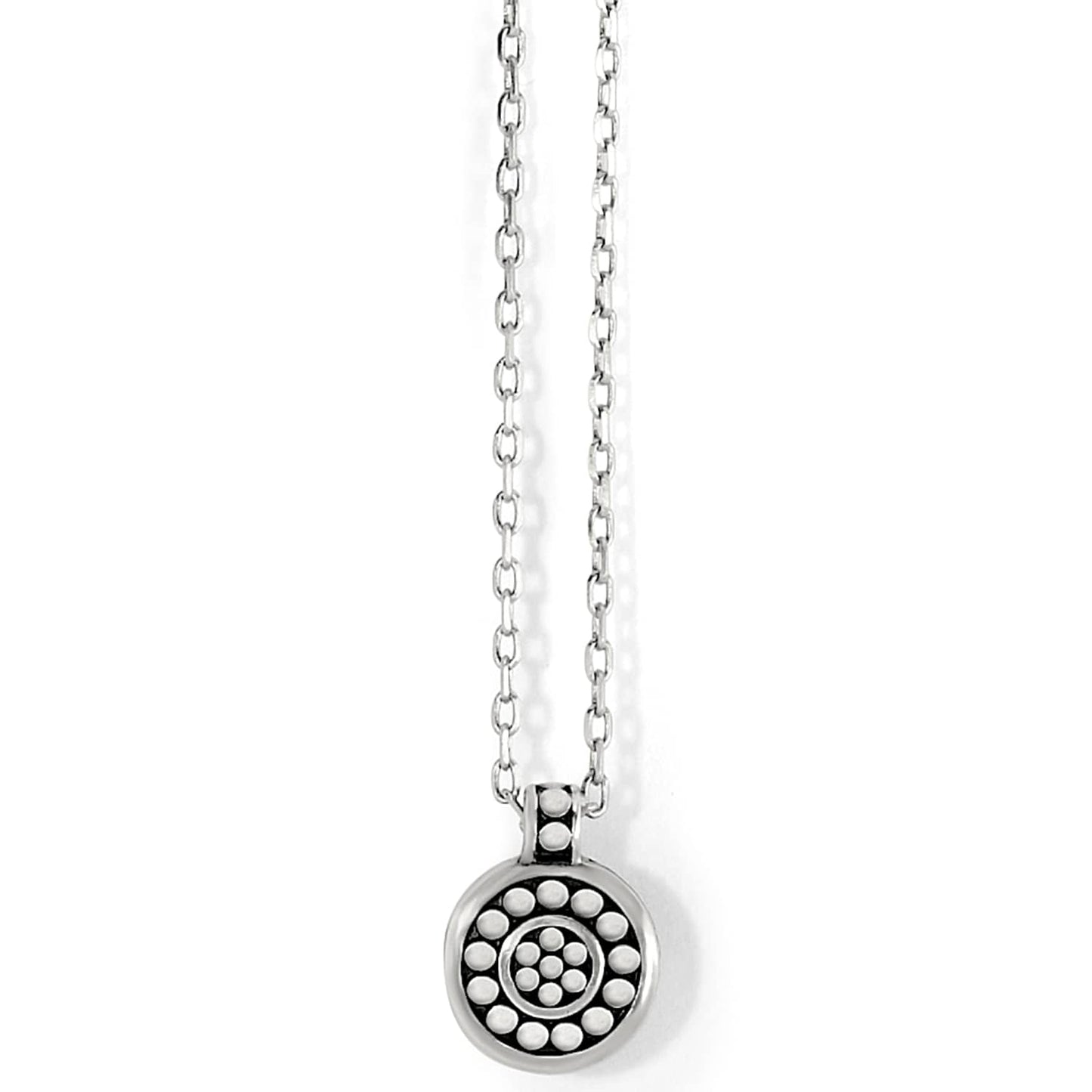 Brighton pendant necklace with silver-plated circular medallion featuring beaded dot pattern and cable chain on a white background