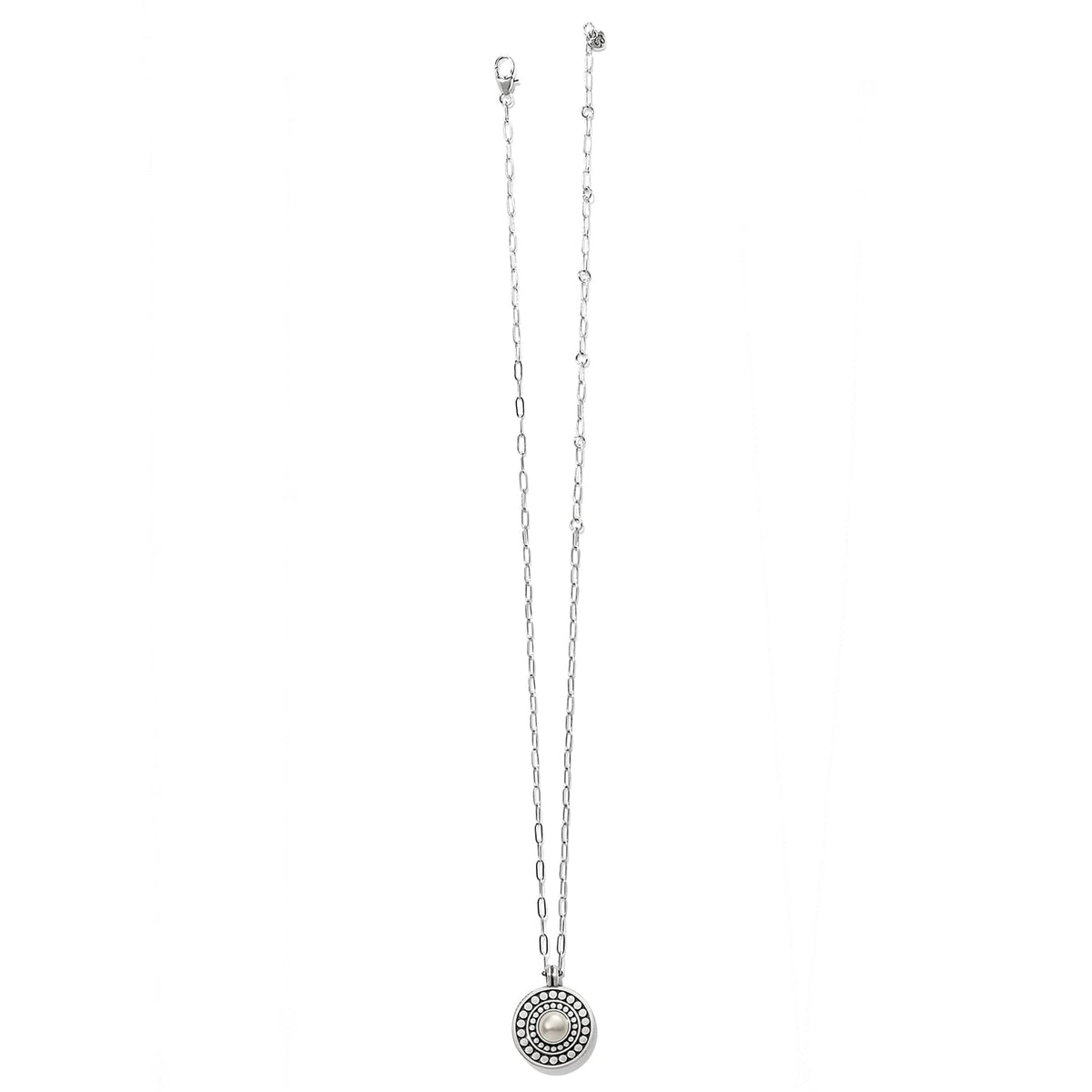 Brighton pendant necklace with glass pearl cabochon, beaded two-tone circular pendant, and delicate chain on a white background