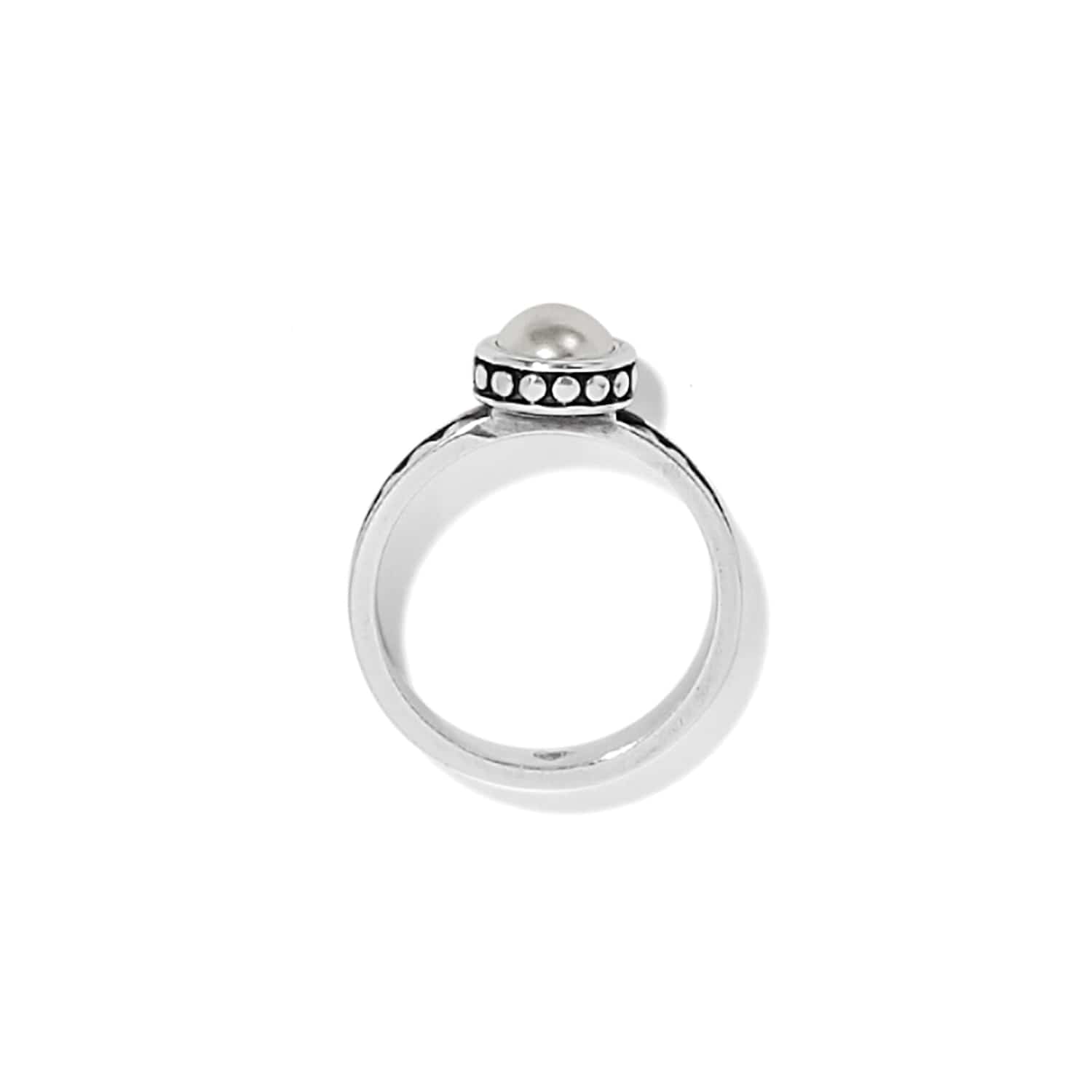 Brighton silver-plated ring with glass pearl cabochon and beaded bezel detail on a white background