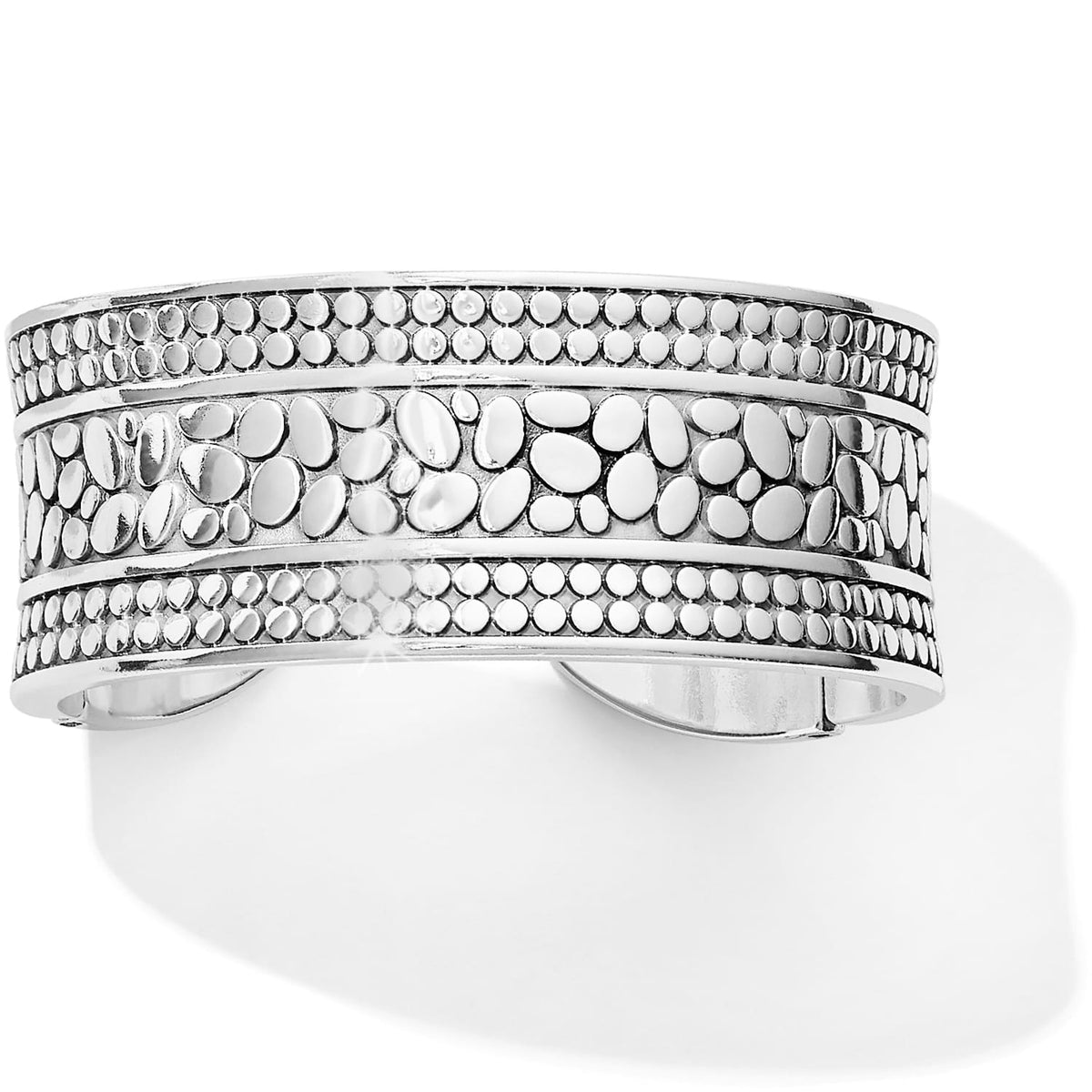 Brighton silver-plated cuff bracelet with pebbled center panel and beaded border details on a white background