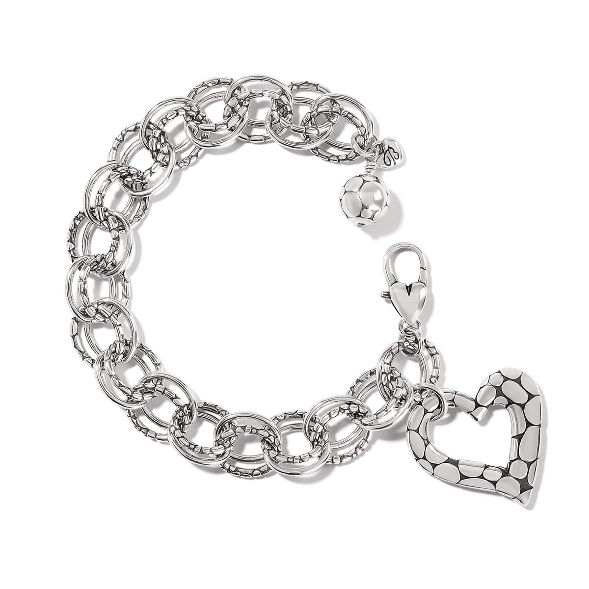 Brighton charm bracelet with silver-plated linked rings, dotted heart charm, and beaded ball accent on a white background