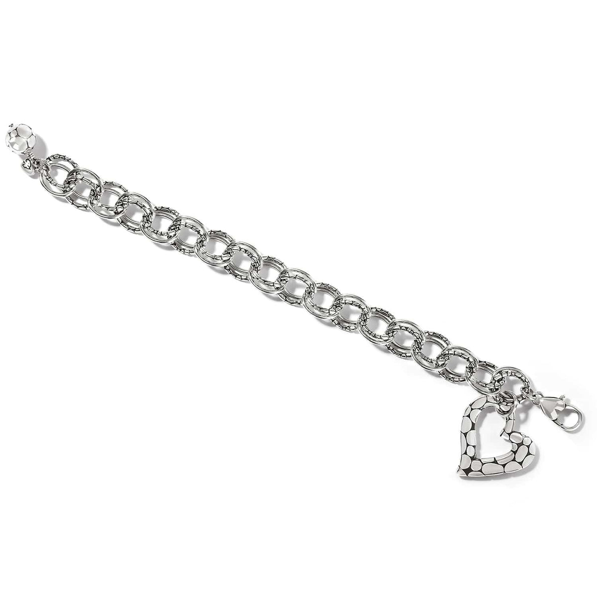 Brighton charm bracelet with silver-plated textured links, heart charm, and lobster clasp on a white background