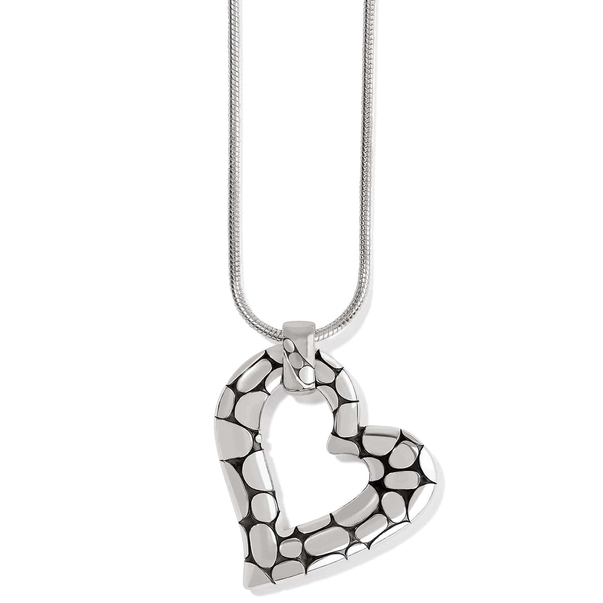 Brighton heart pendant necklace with silver-plated pebbled texture and snake chain on a white background