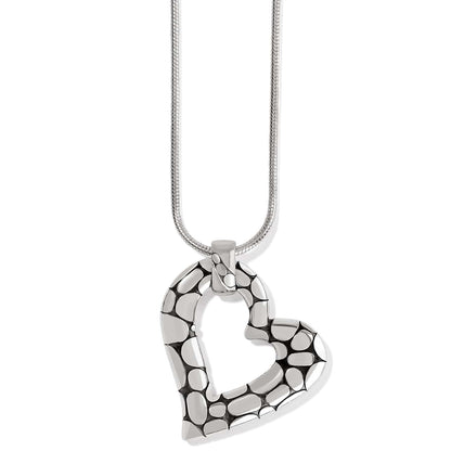 Brighton heart pendant necklace with silver-plated pebbled texture and snake chain on a white background