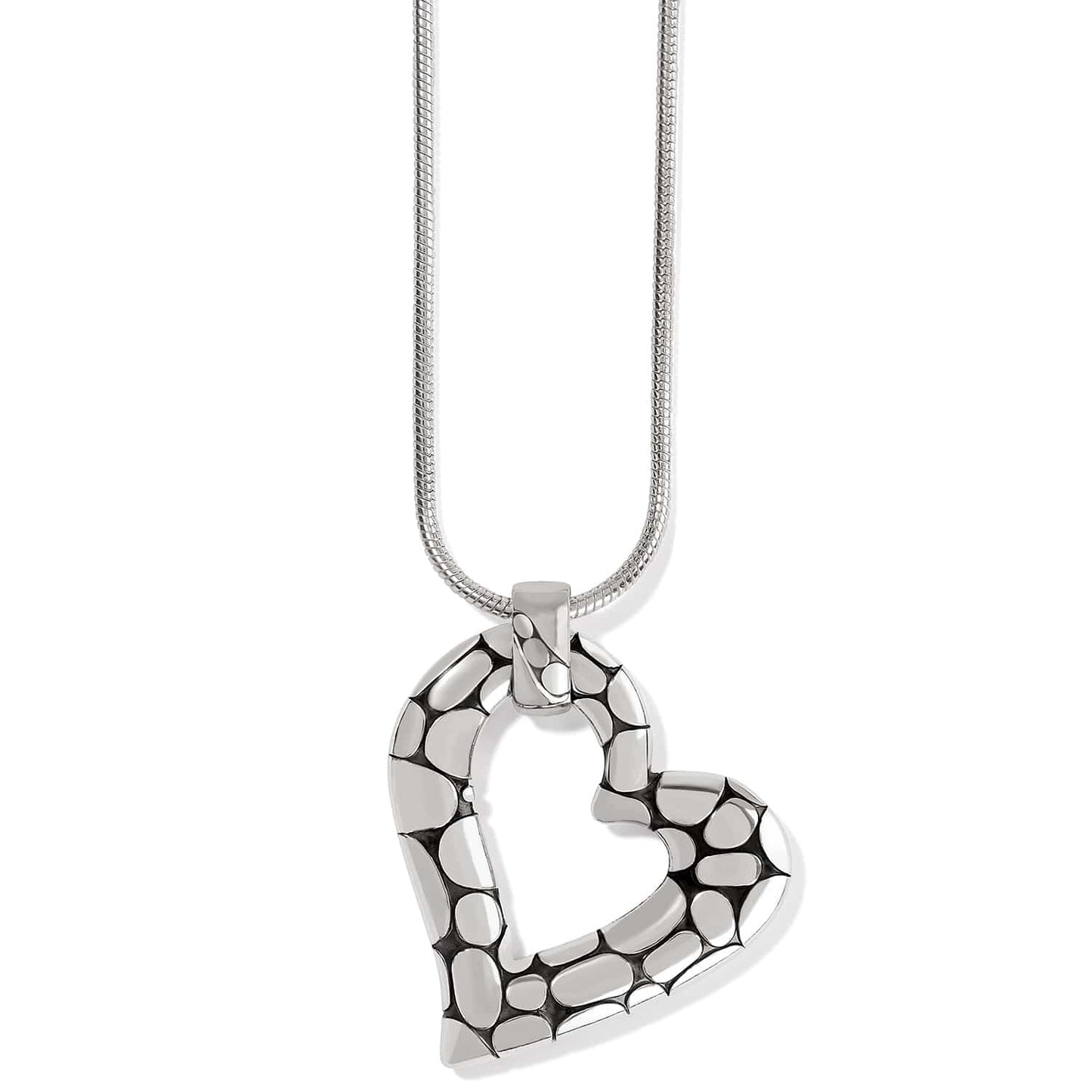 Brighton heart pendant necklace with silver-plated pebbled texture and snake chain on a white background