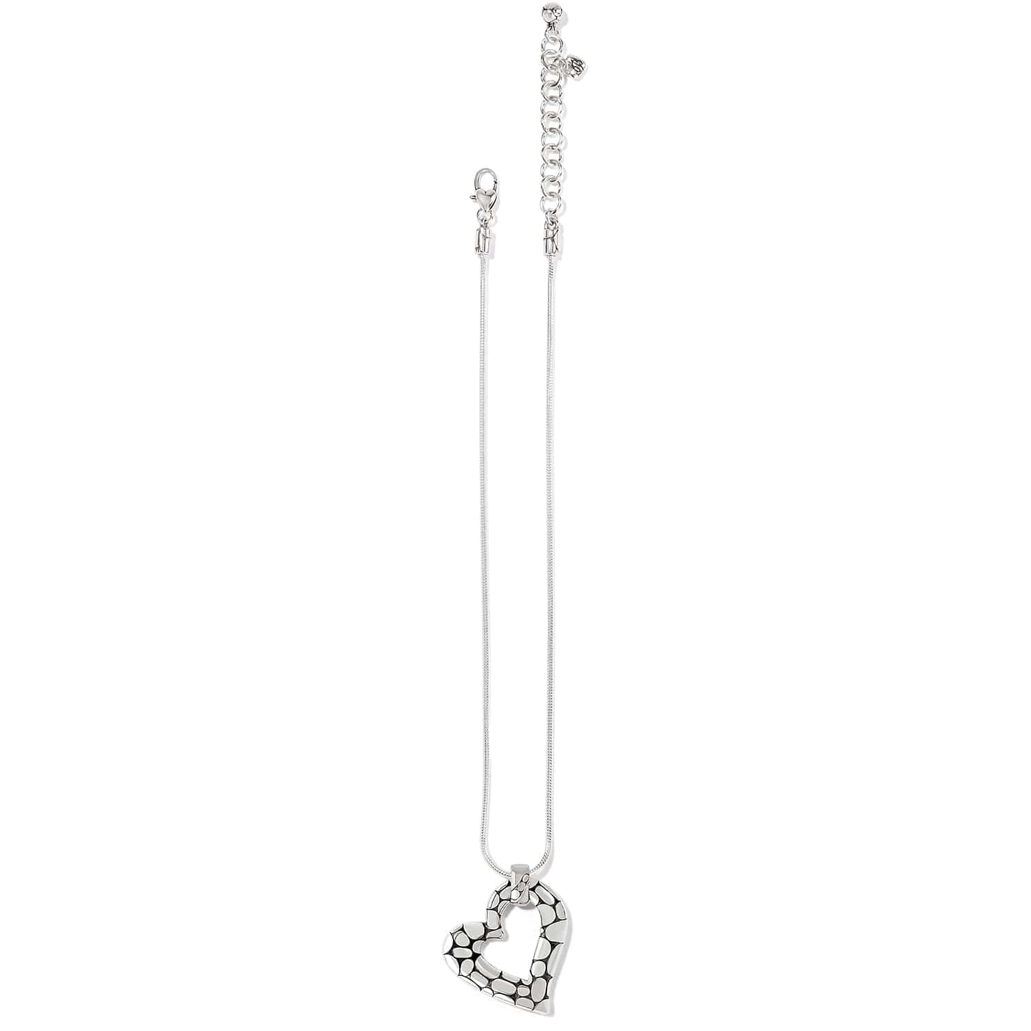 Brighton pendant necklace with silver-plated open heart featuring pebbled texture and adjustable chain on a white background