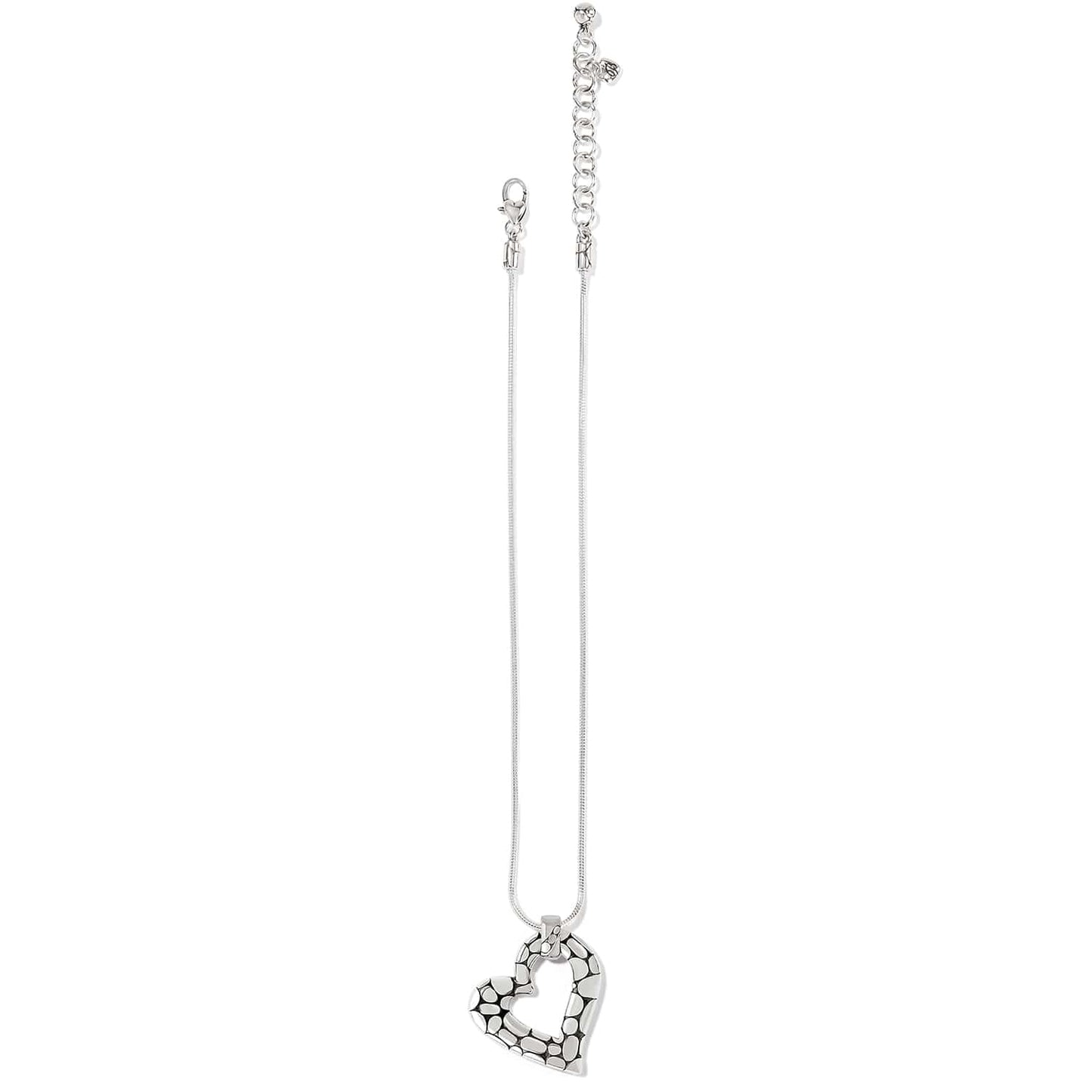 Brighton pendant necklace with silver-plated open heart featuring pebbled texture and adjustable chain on a white background