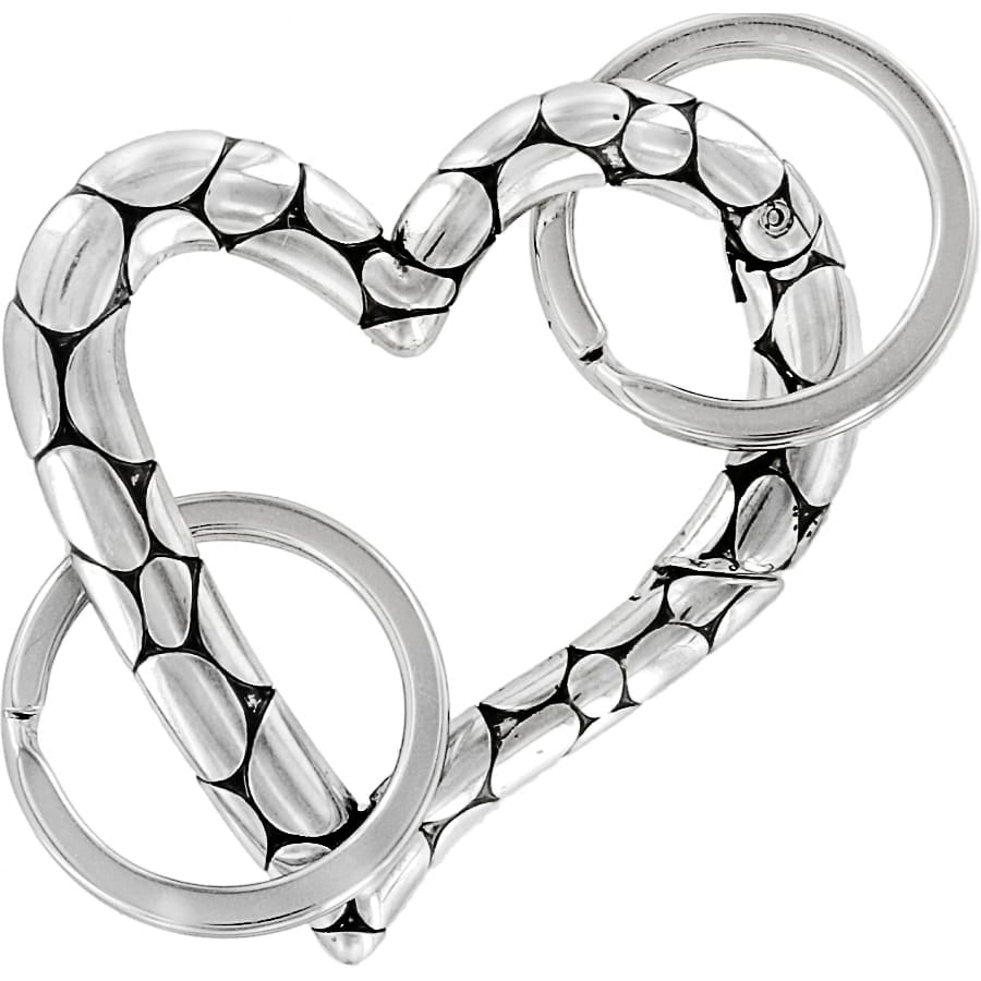 Brighton heart-shaped key fob with silver-plated pebbled texture and two split rings on a white background