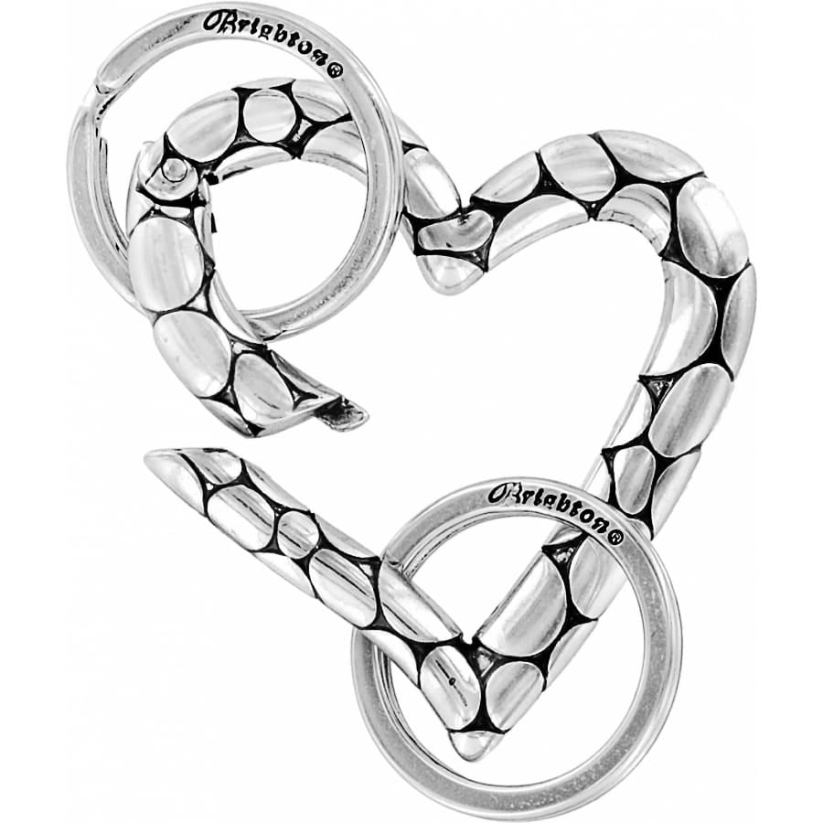 Brighton heart-shaped clasp with silver-plated pebbled texture and interlocking rings shown on a white background