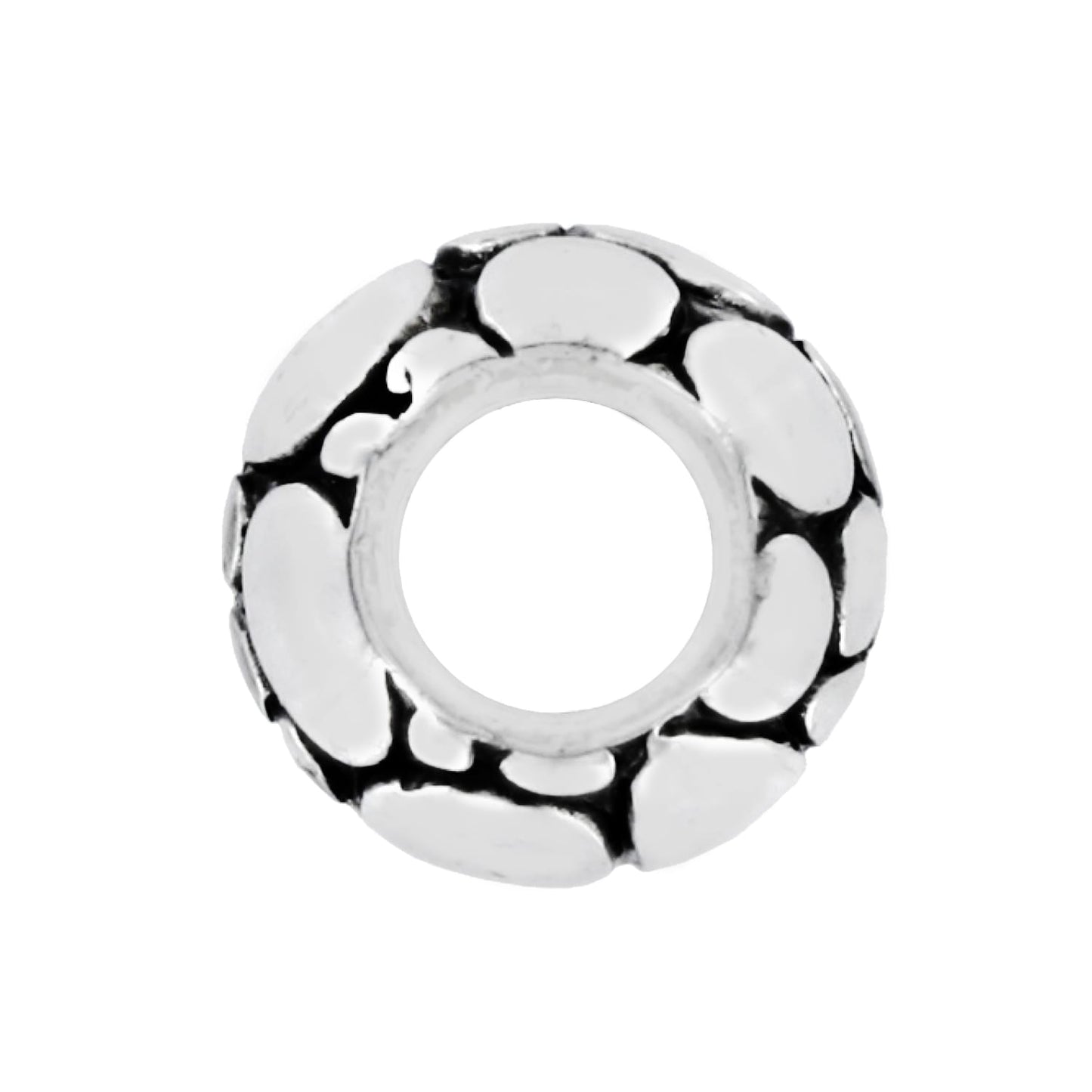 Brighton silver-plated bead charm with pebble textured pattern and large center opening on a white background
