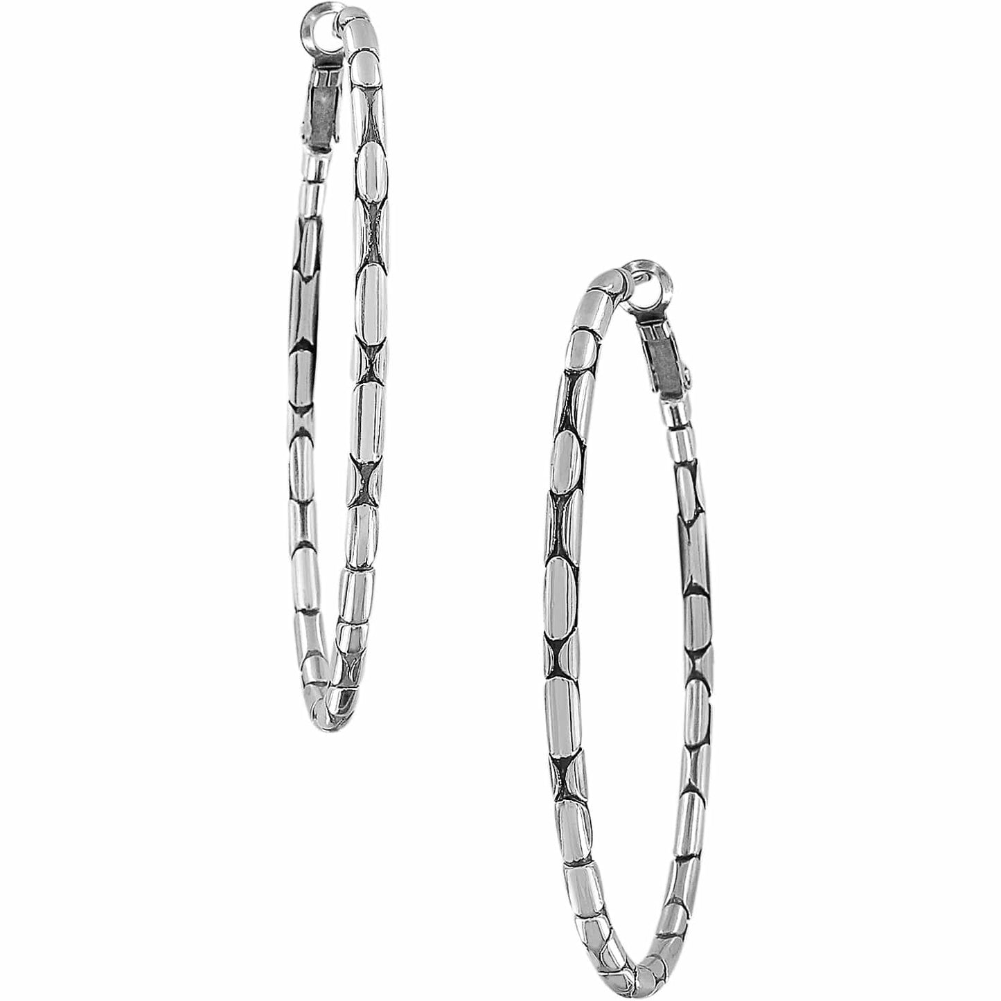 Brighton hoop earrings with silver-plated segmented bamboo-style texture and hinged closures on a white background
