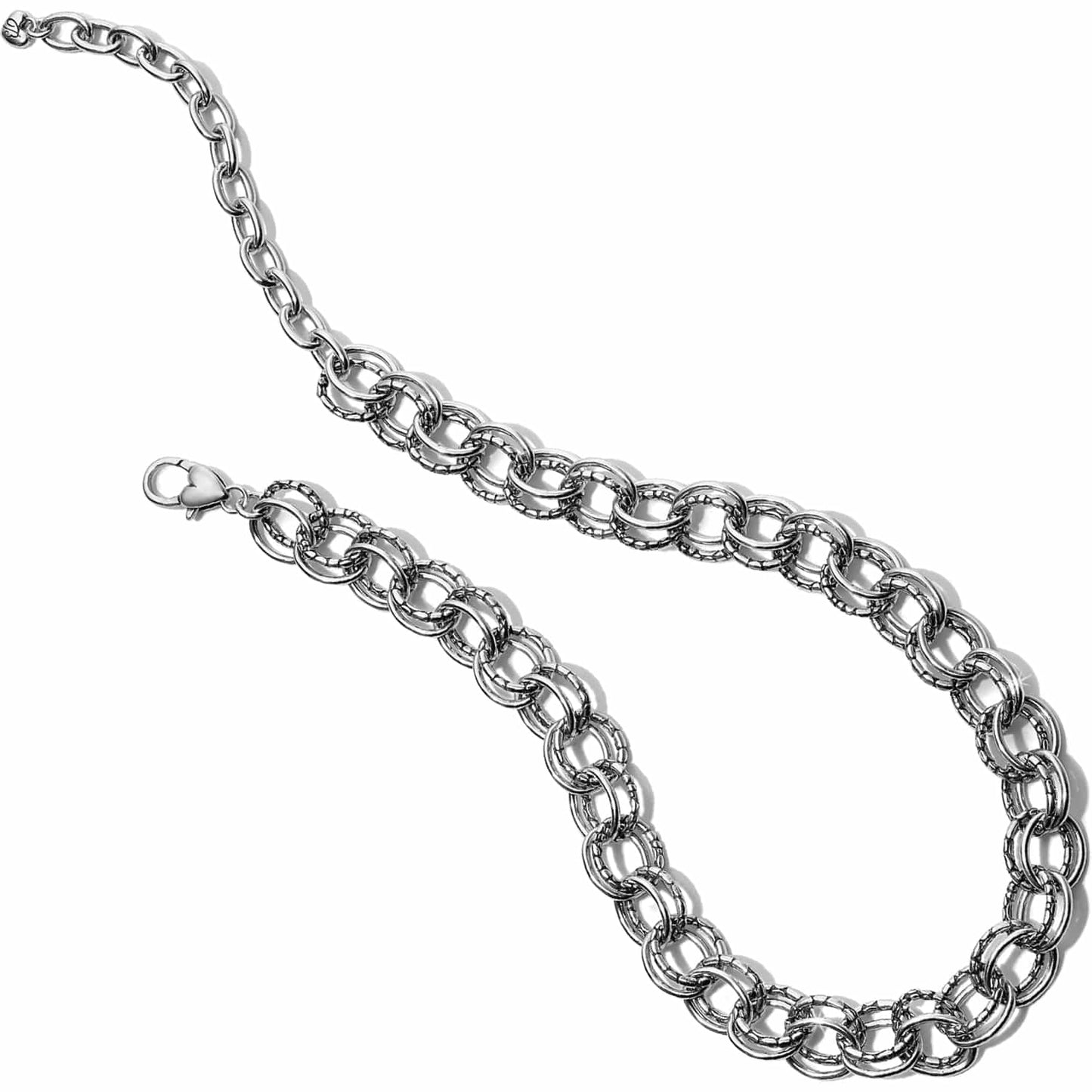 Brighton chain necklace with silver-plated interlocking round links and lobster clasp closure on a white background