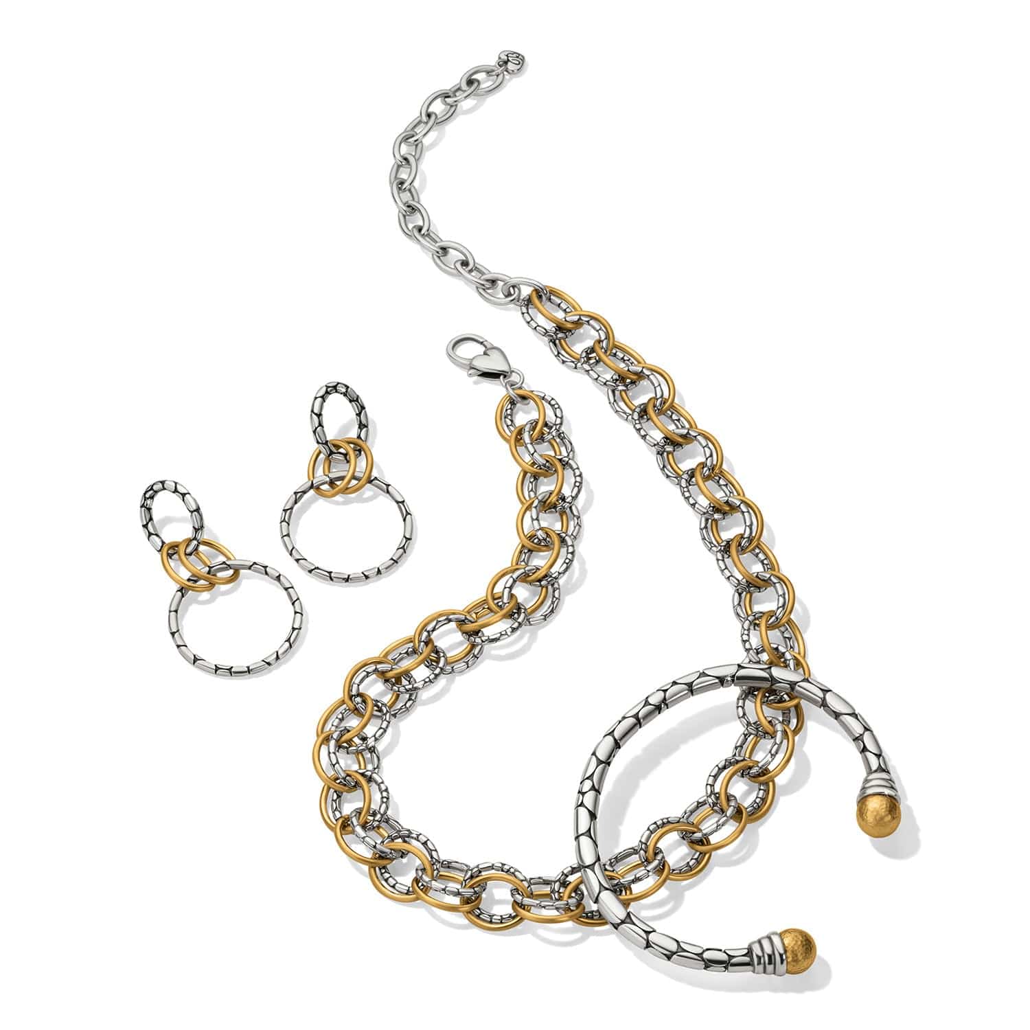 Pebble Link Two Tone Post Drop Earrings silver-gold 3