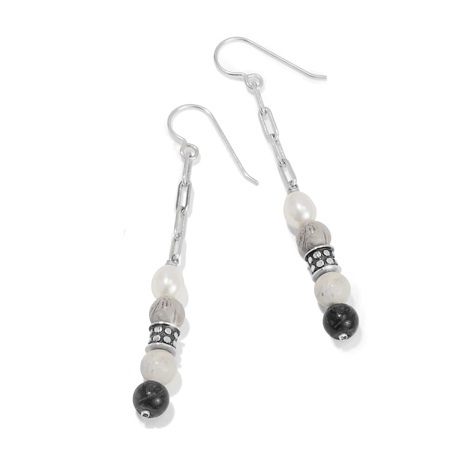 Brighton drop earrings with pearl, grey, cream, and black beads on silver-plated chains on a white background
