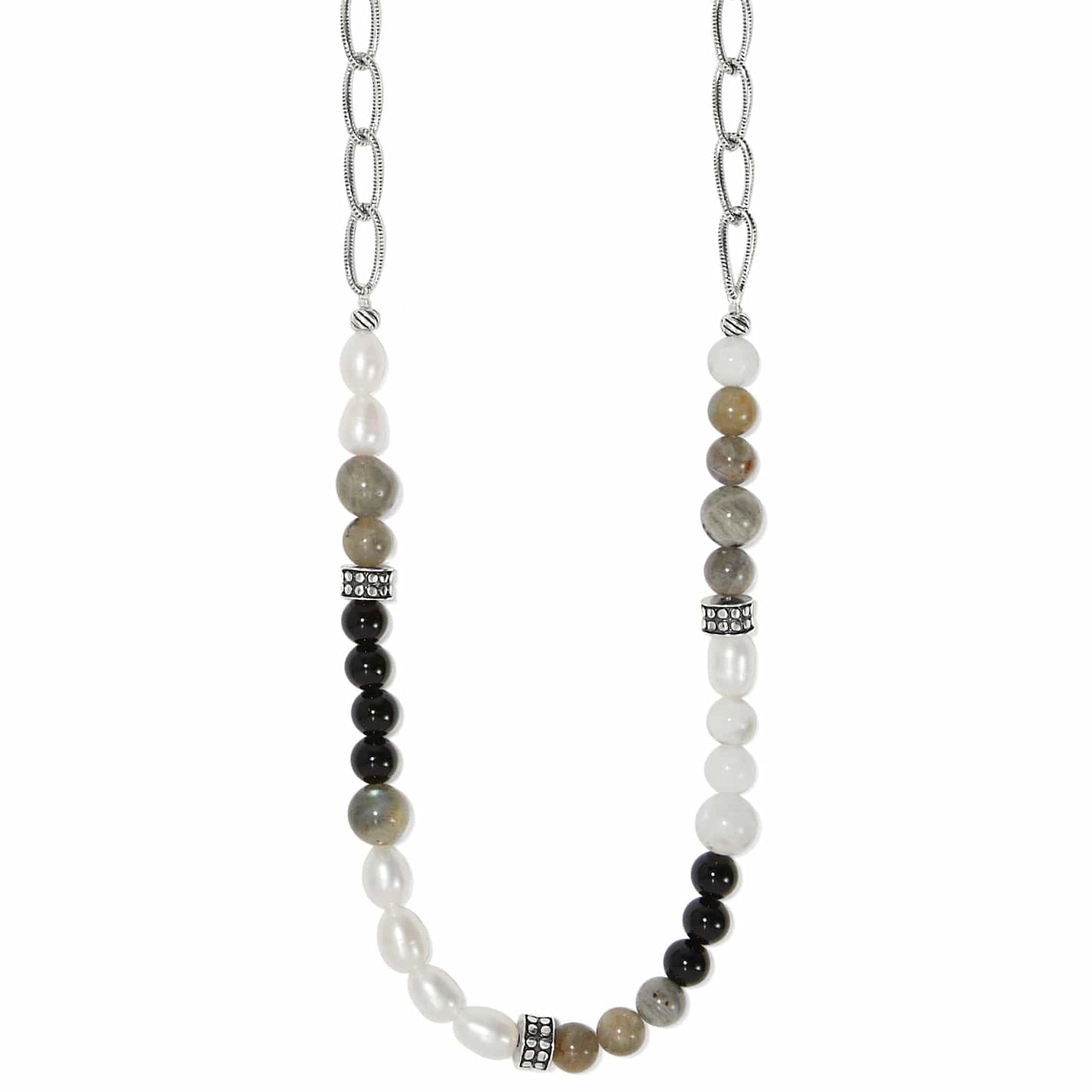 Brighton beaded necklace with pearls, black, gray, and white stones and silver-plated chain on a white background