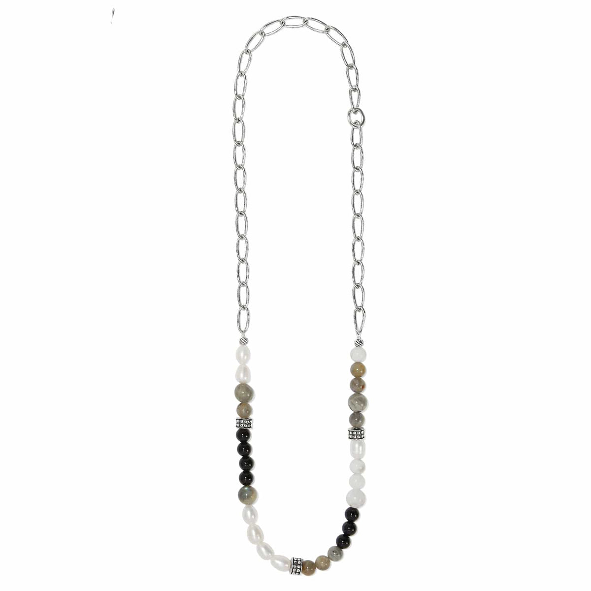 Brighton beaded necklace with pearls, black and gray stones, and silver-plated chain and accents on a white background