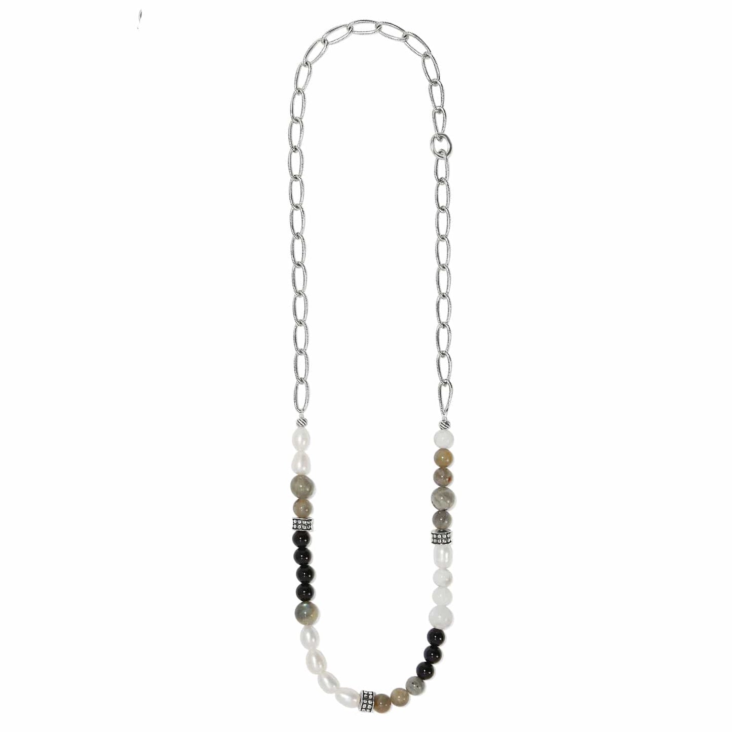 Brighton beaded necklace with pearls, black and gray stones, and silver-plated chain and accents on a white background