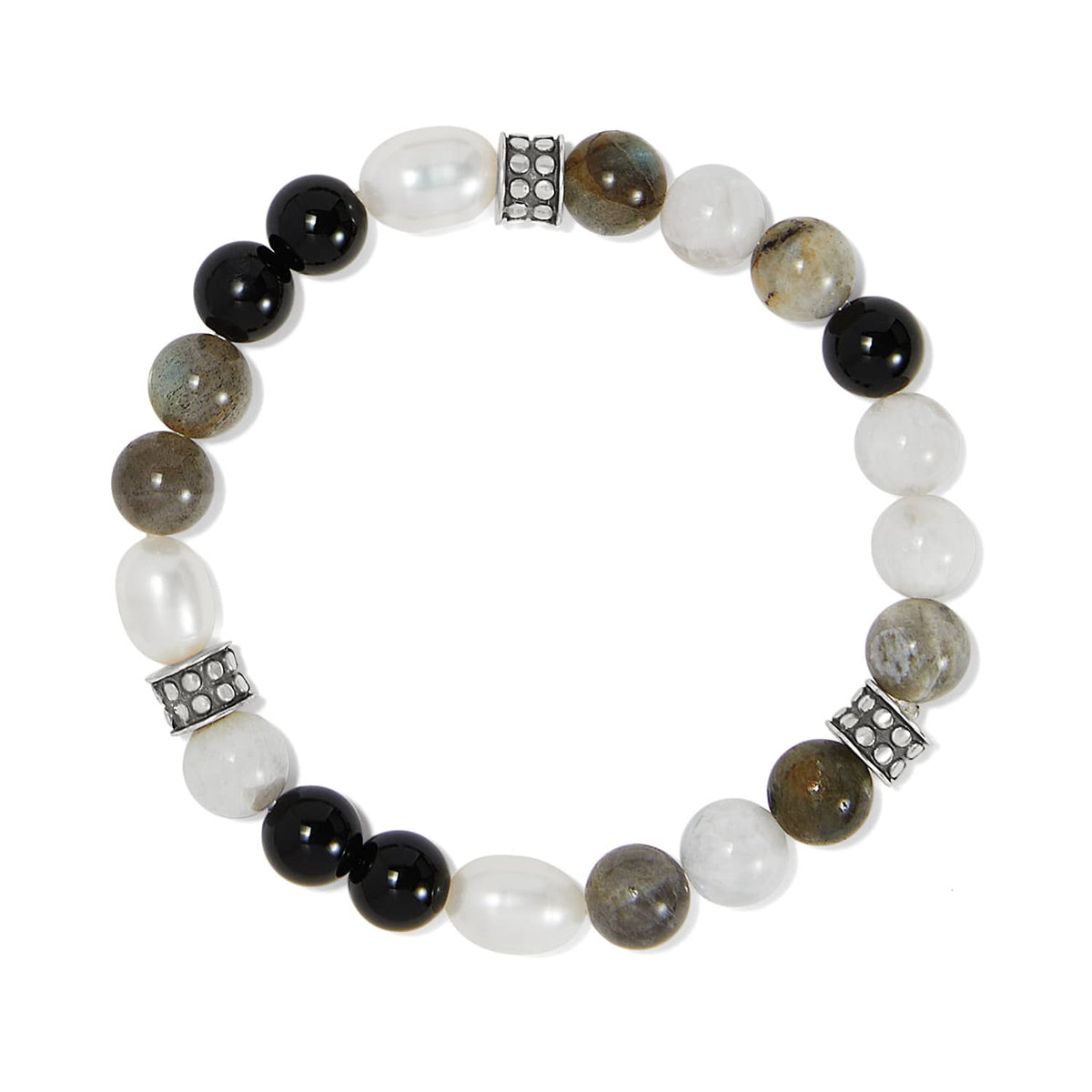 Brighton beaded bracelet with black, pearl, gray, and labradorite stones and silver-plated accent beads on a white background