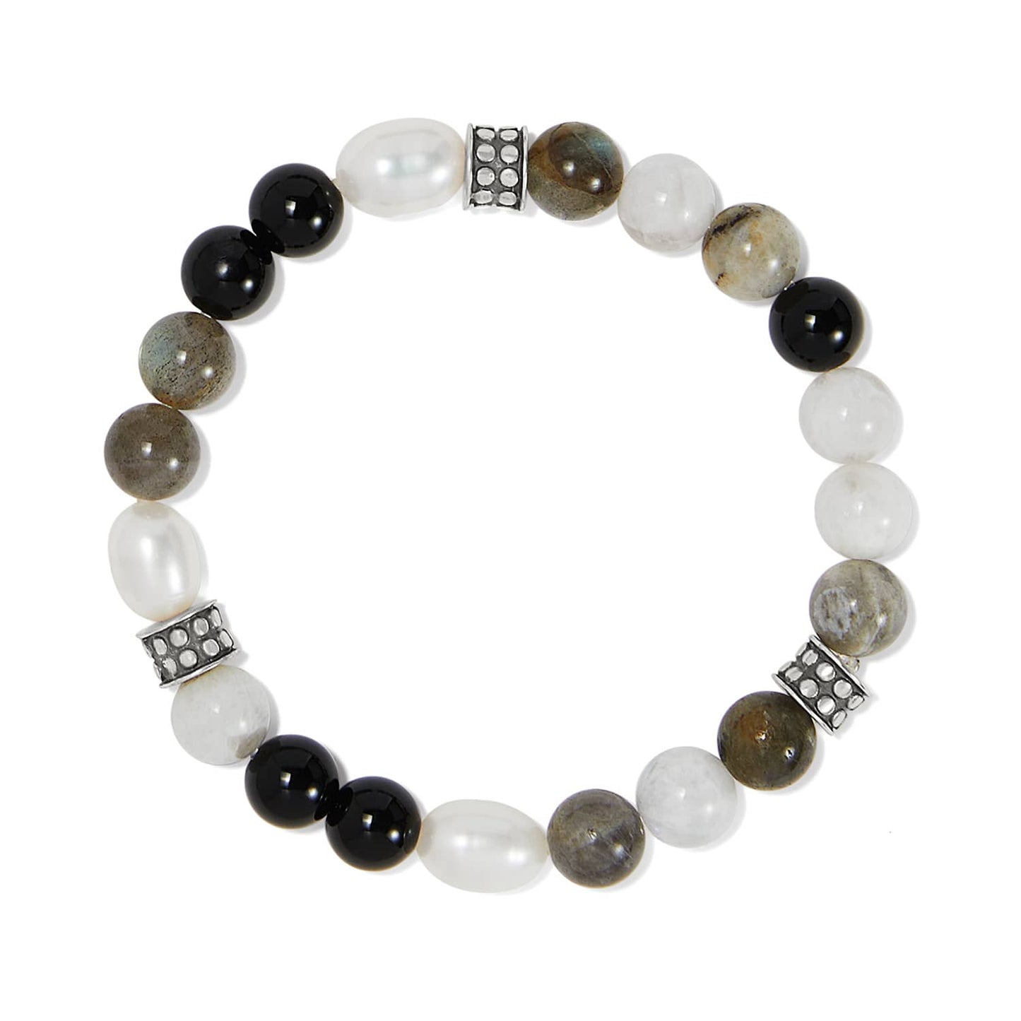 Brighton beaded bracelet with black, pearl, gray, and labradorite stones and silver-plated accent beads on a white background