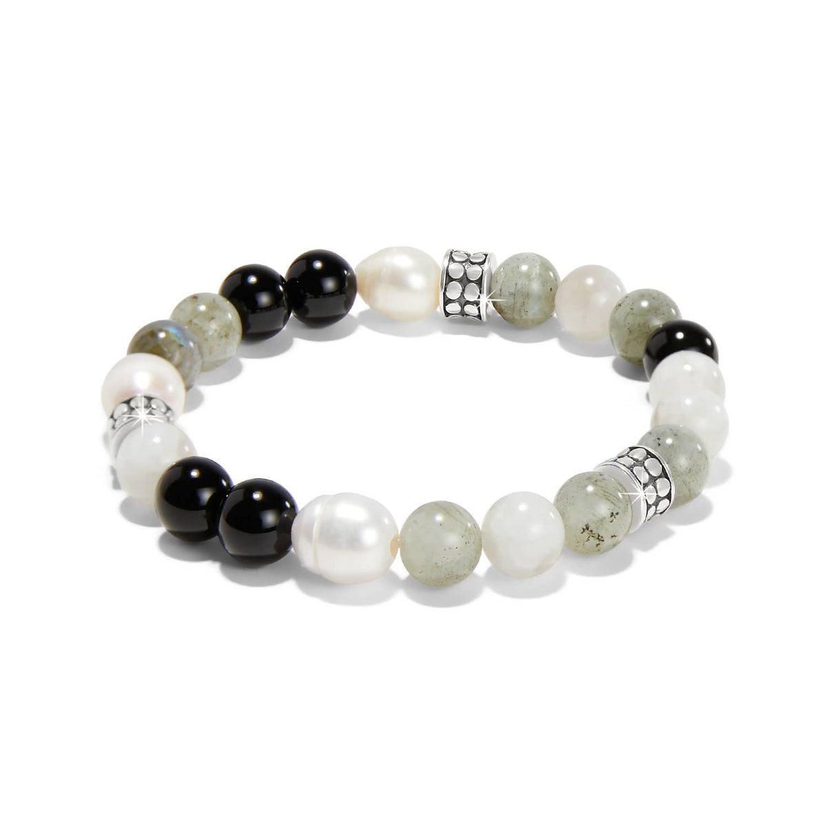 Brighton beaded stretch bracelet with black, white pearl, and gray stones and silver-plated accent beads on a white background