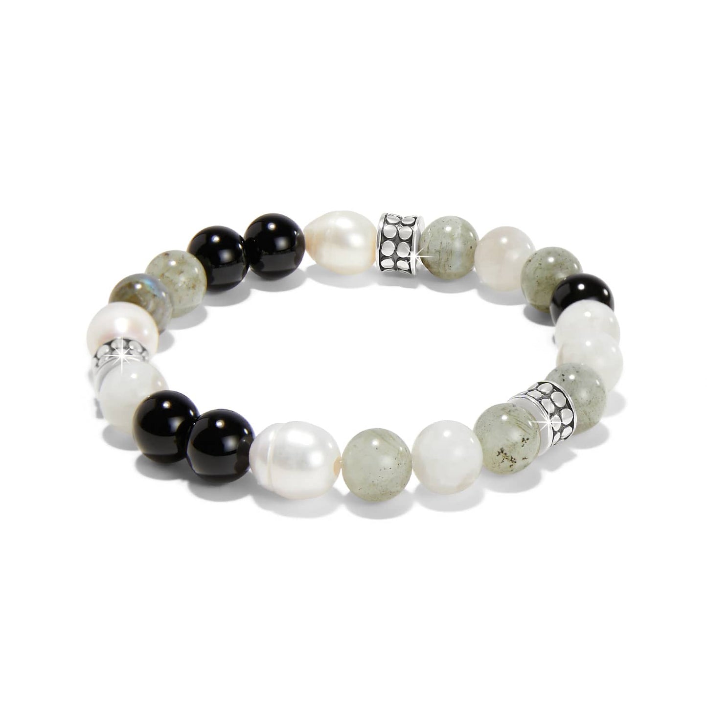 Brighton beaded stretch bracelet with black, white pearl, and gray stones and silver-plated accent beads on a white background