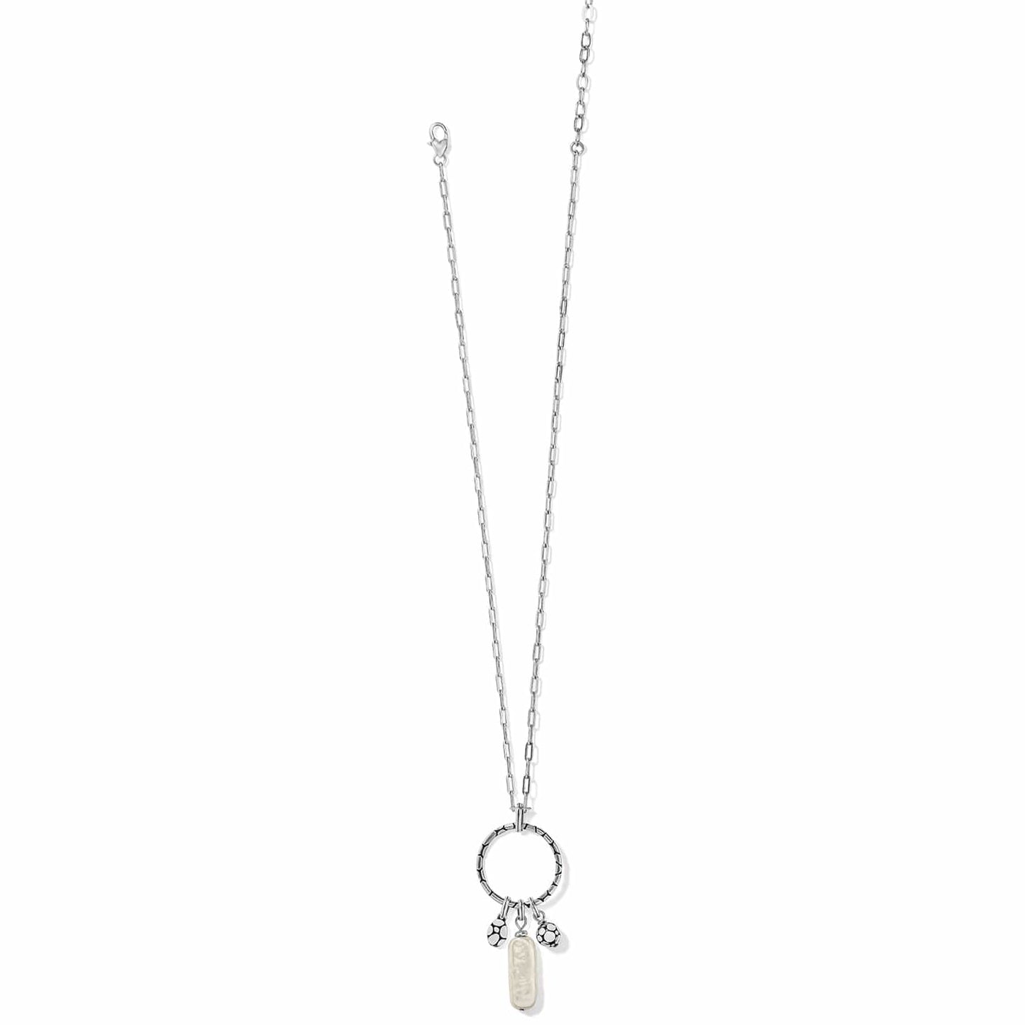 Brighton silver-plated pendant necklace with circular ring, pearl bar charm, and small round accents on a white background