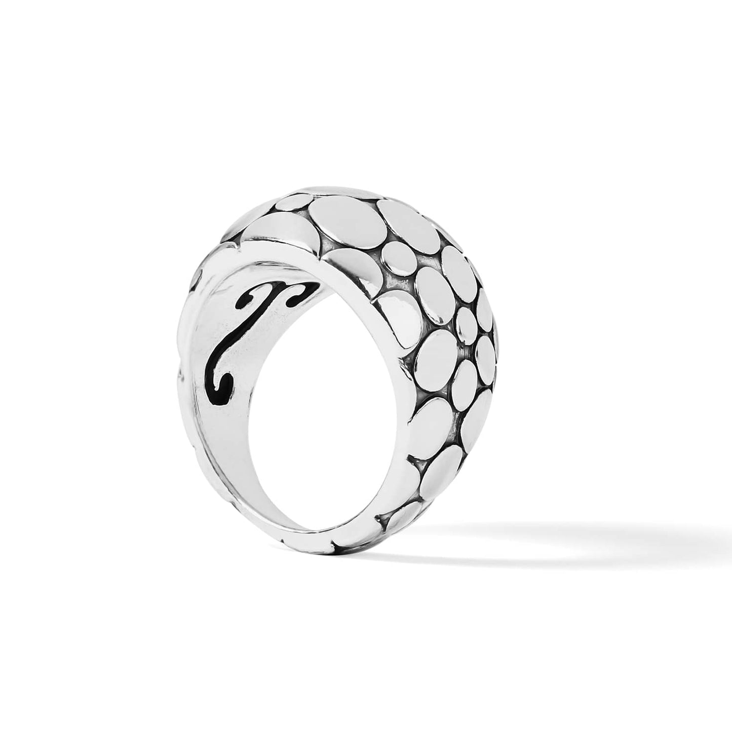 Brighton silver-plated dome ring with pebble texture pattern and scrollwork detail along the band on a white background