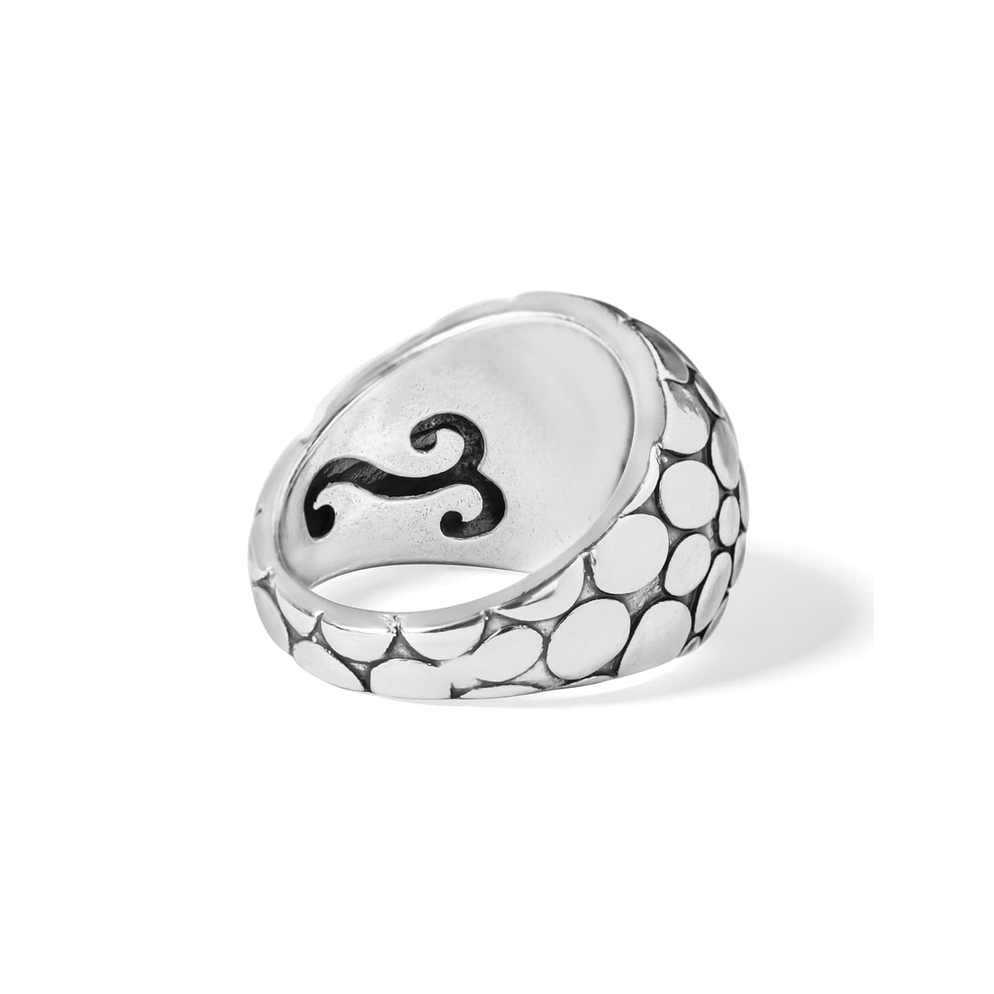 Brighton ring shown from the back with silver-plated pebble texture and scroll cutout detail on a white background